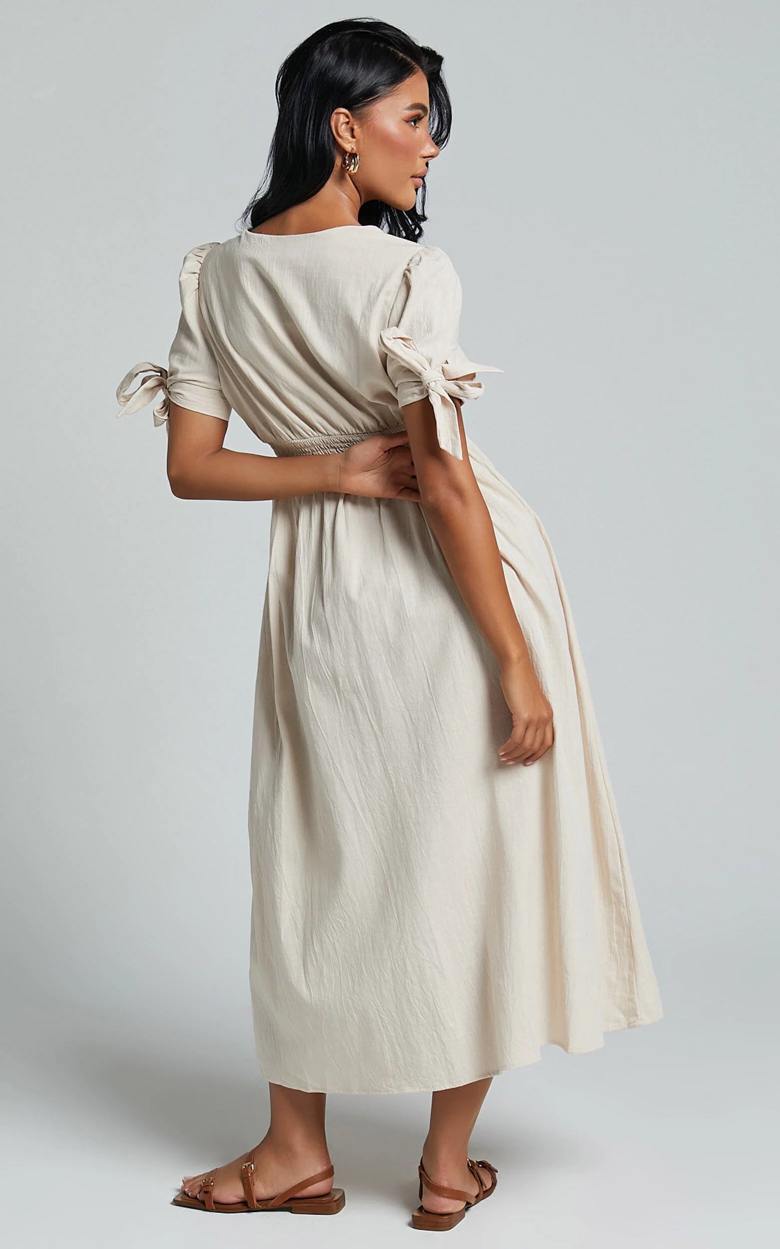 Avegail Midi Dress - V Neck Button Through Short Sleeve Dress in Bone