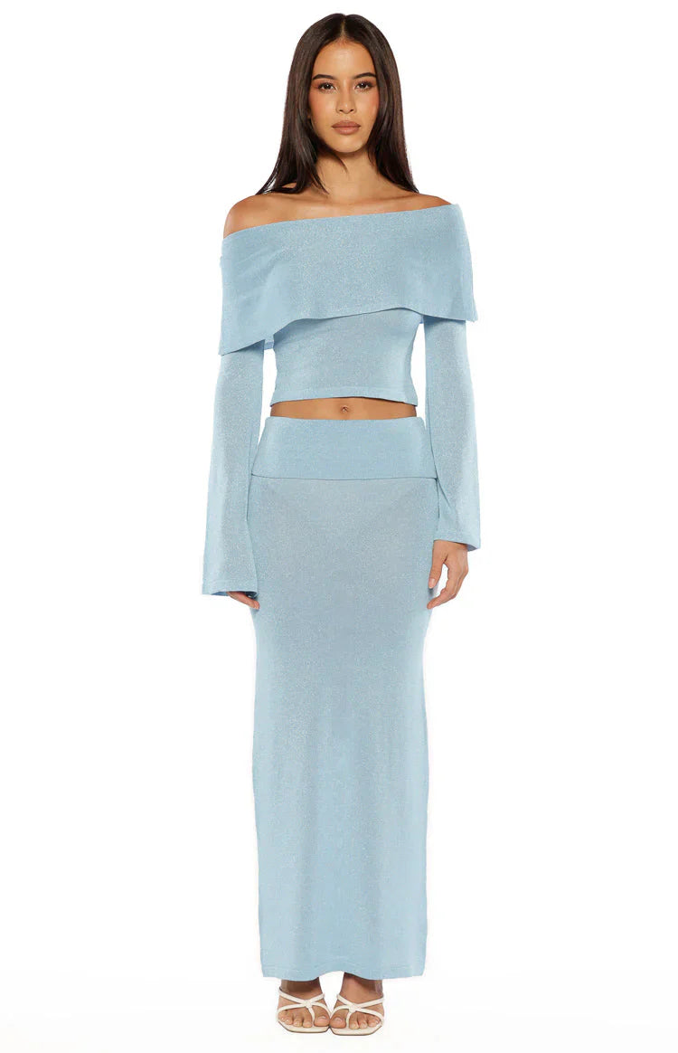 Simona Blue Long Sleeve Off Shoulder Knit Top