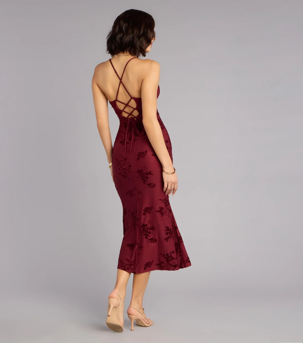 Romance Language Floral Lace-Up Midi Dress