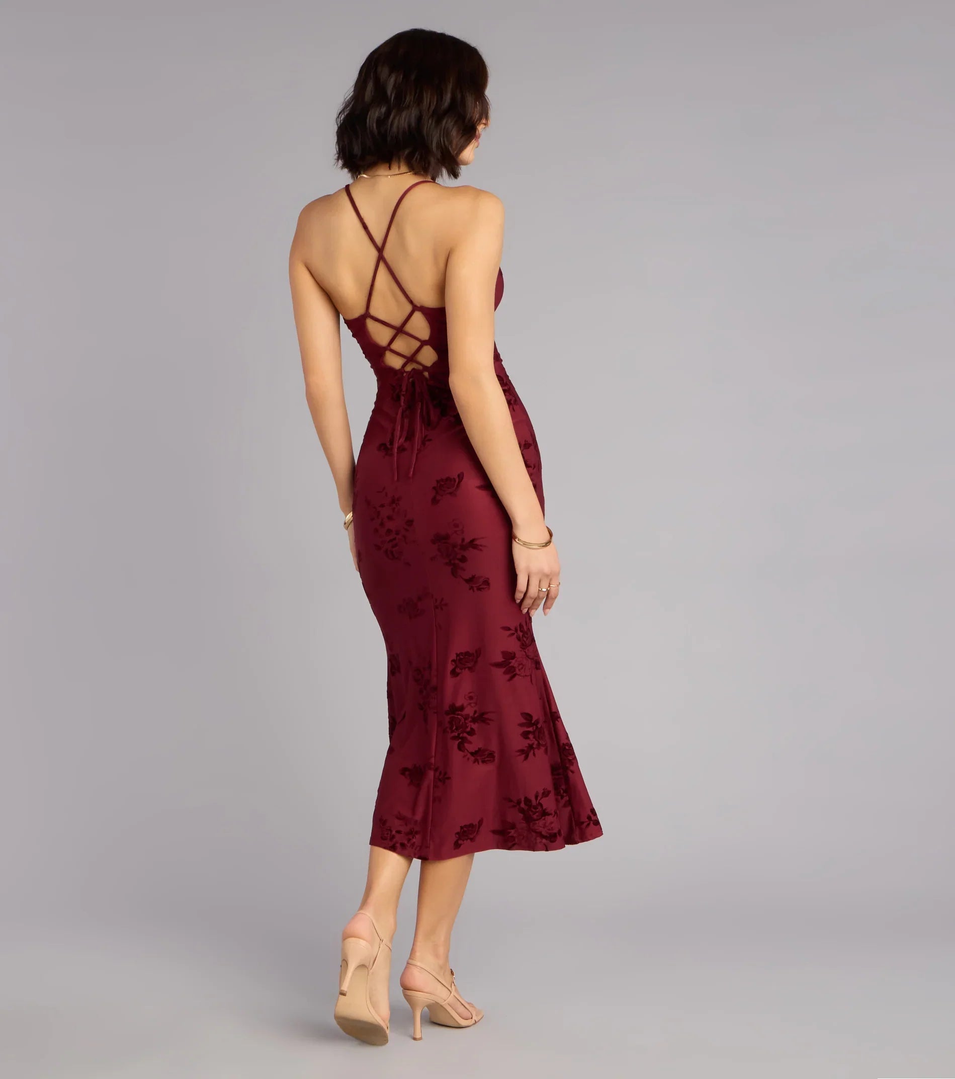 Romance Language Floral Lace-Up Midi Dress
