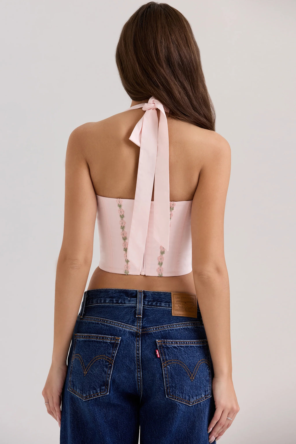Pink Floral Embroidered Stretch Cotton Corset Top
