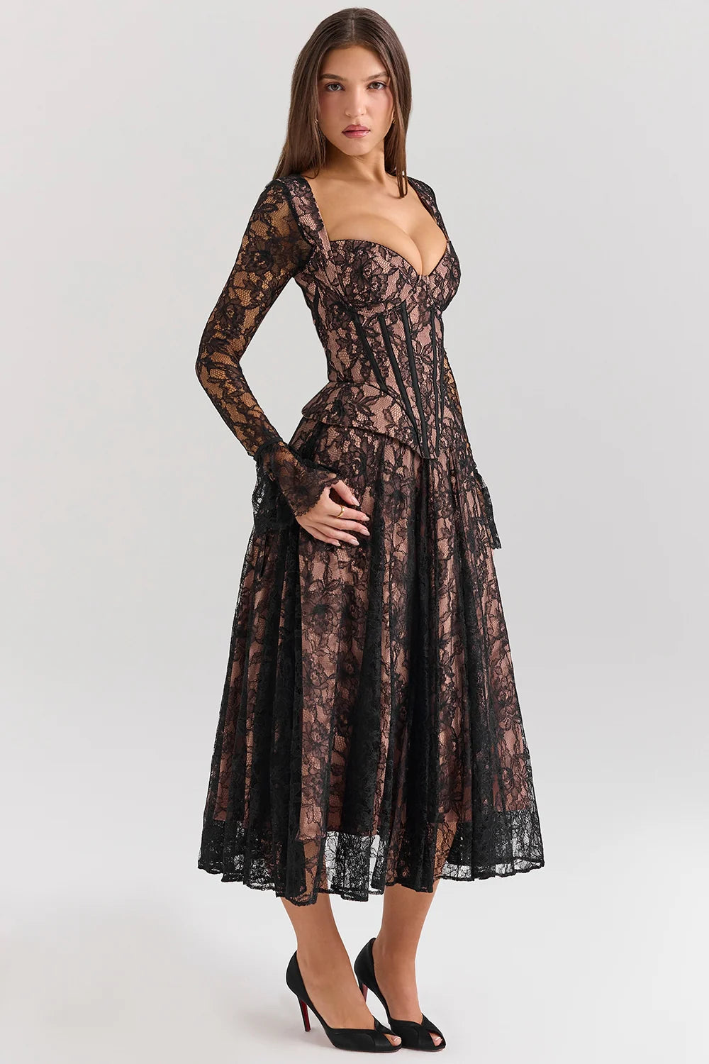 Black Lace Corset Midi Dress
