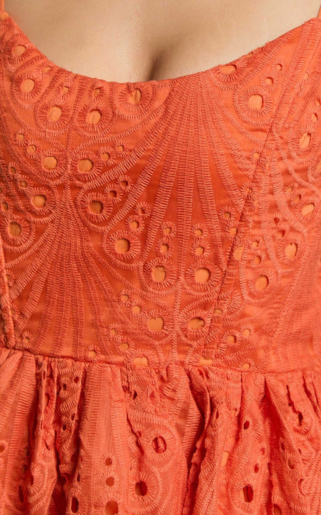 Gabriella Midi Dress - Strappy Gathered Skirt Embroidered Dress in Orange