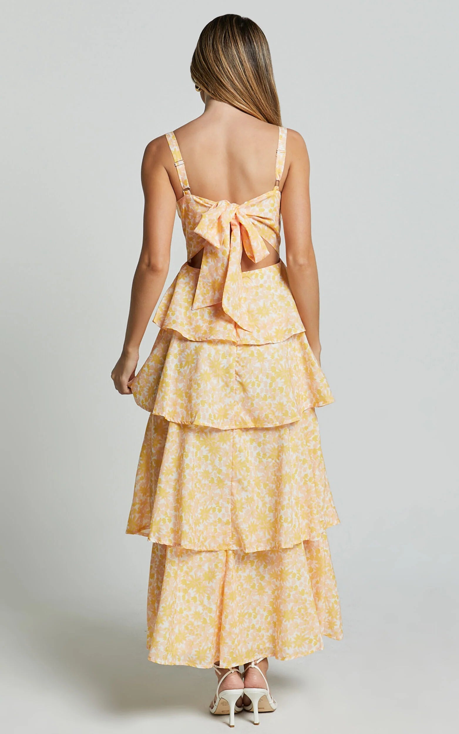 Lorma Midi Dress - Ruched Layered Dress in Orange Floral