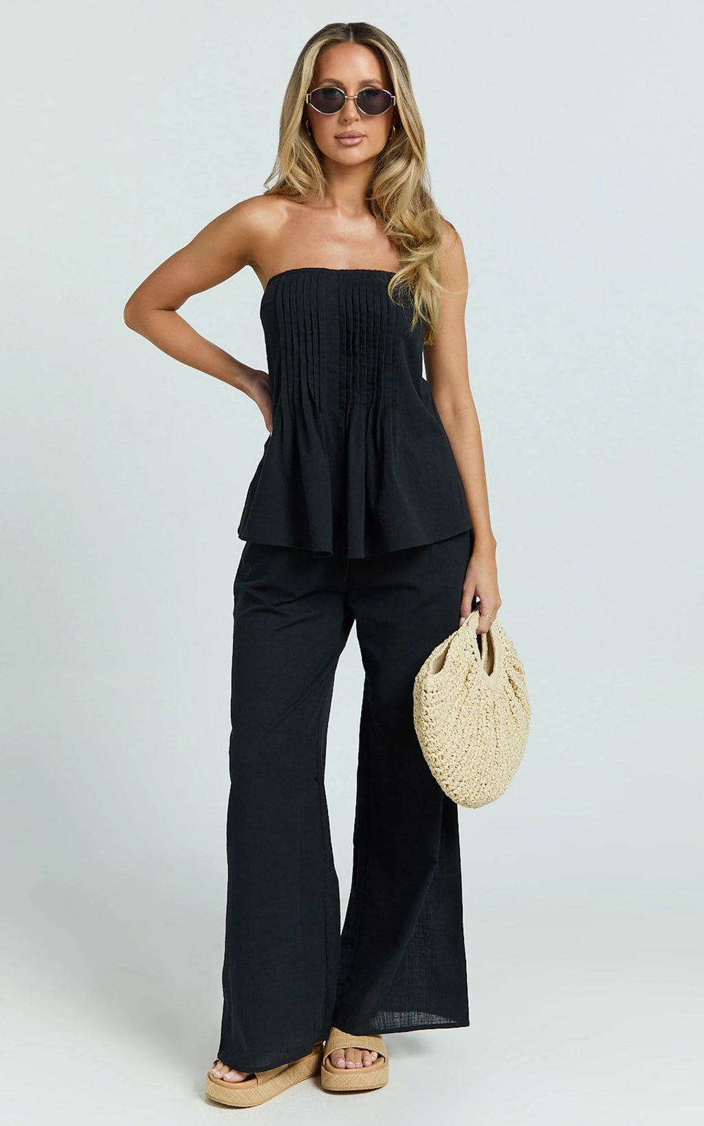 Carli Two Piece Top and Pants Set - Cotton Tube Pant Set in Black