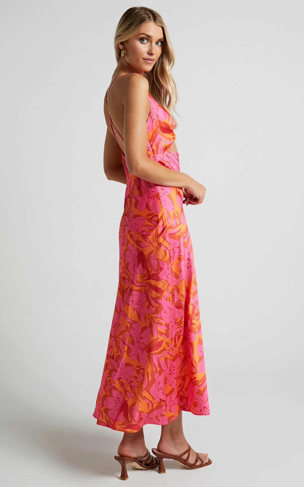 Tove Midi Dress - Twist Front Cut Out Satin Dress in Pink Floral