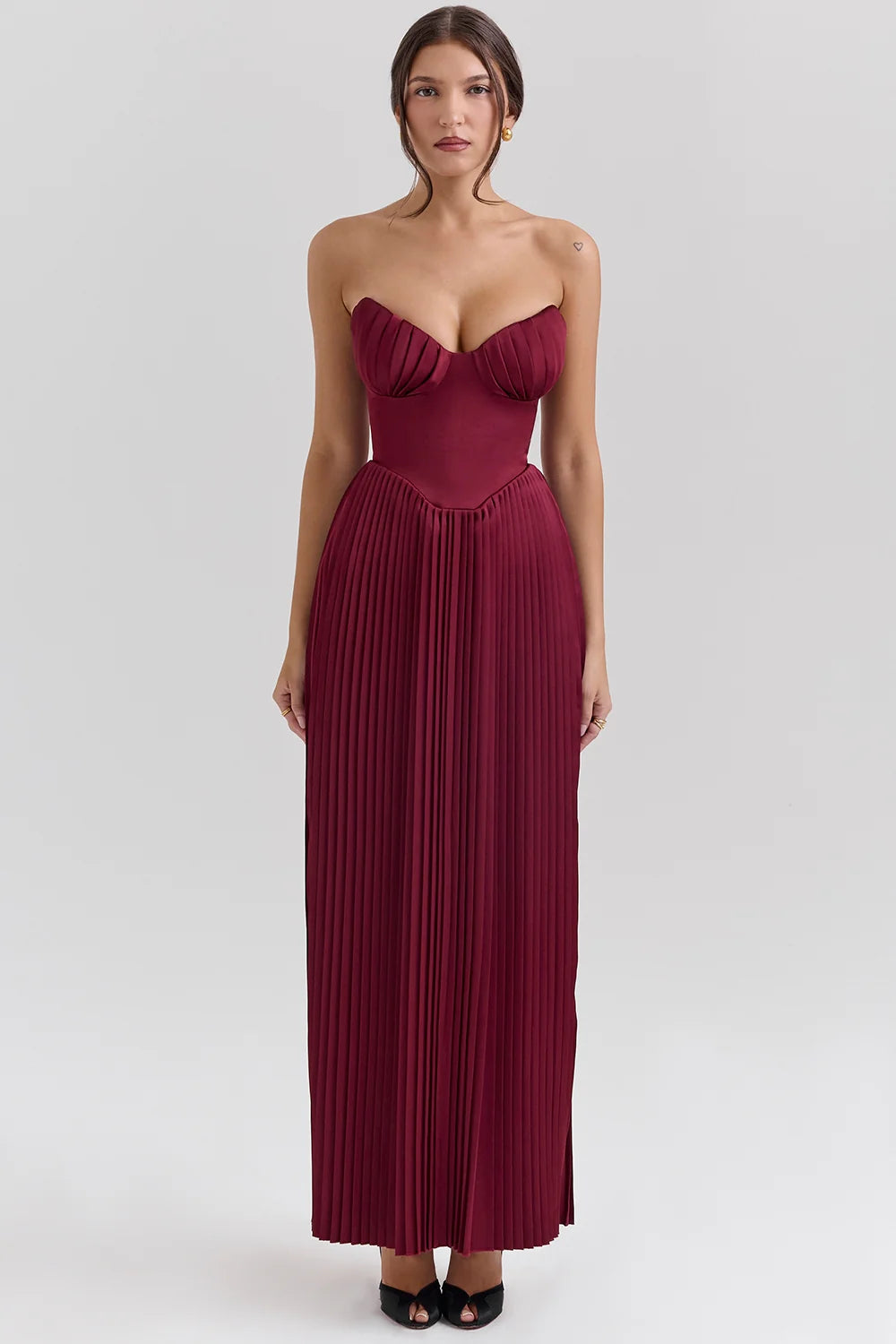 Berry Pleated Georgette Maxi Dress