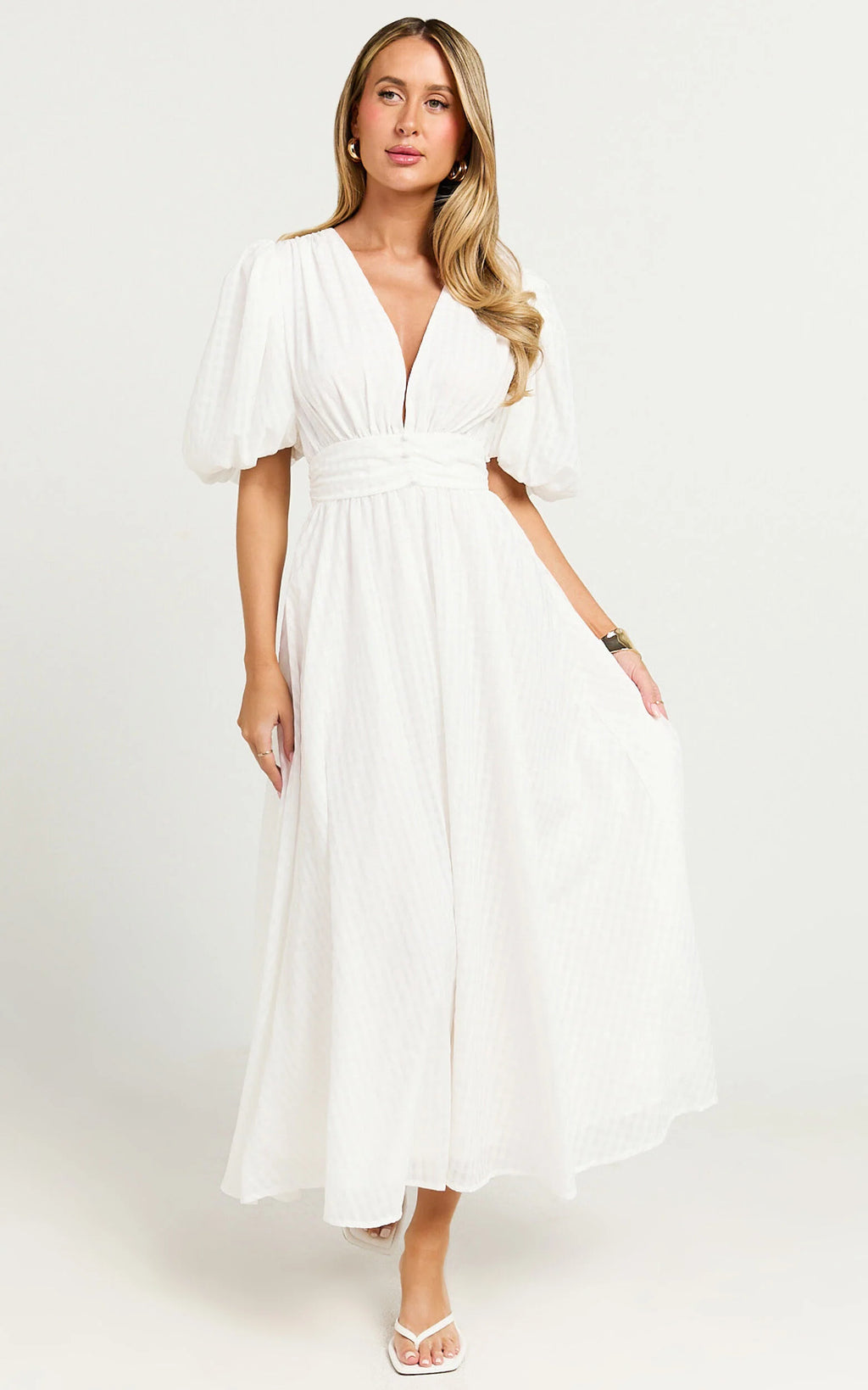 Xandy Midi Dress - Textured Puff Sleeve Plunge Dress in White