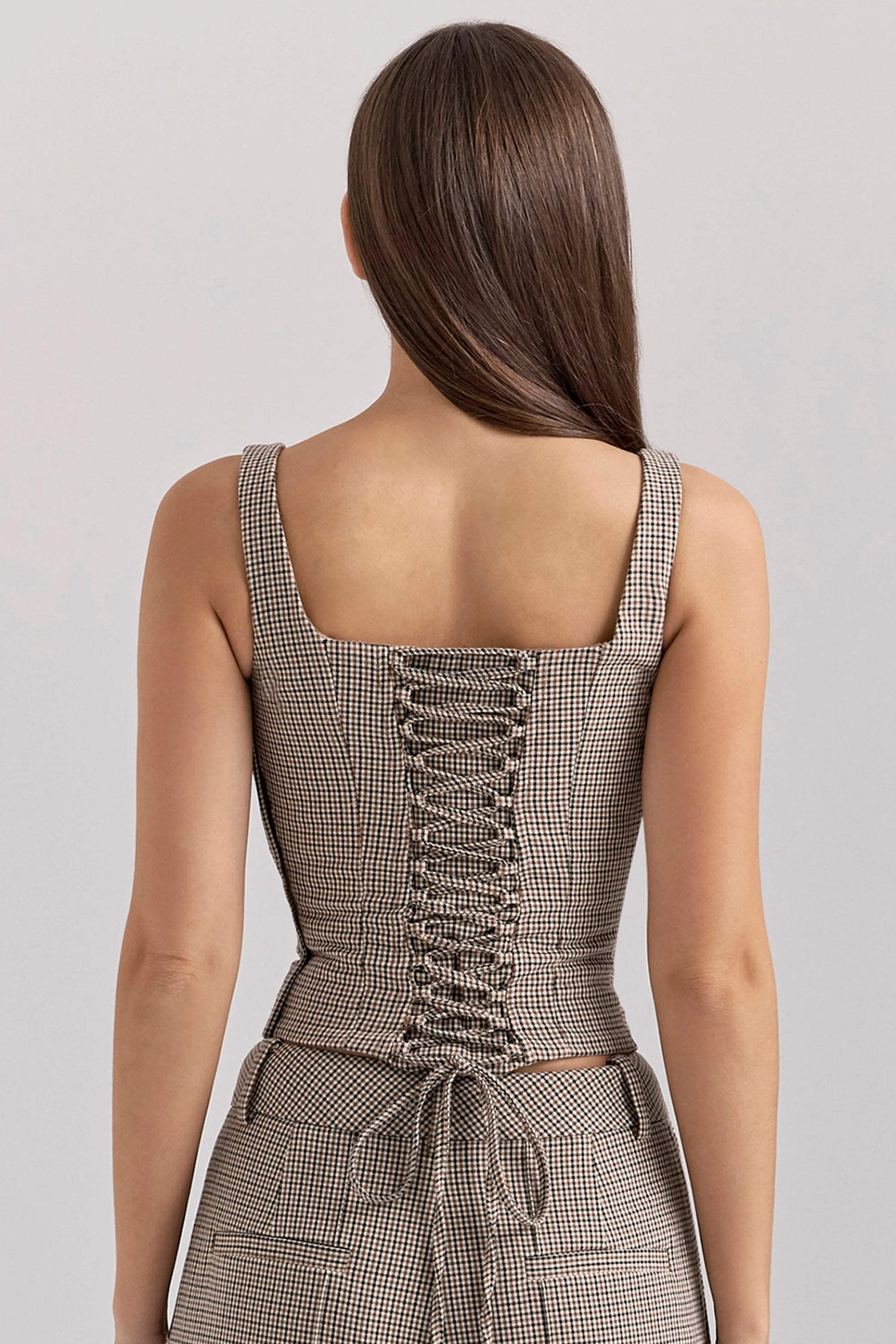 Brown Puppytooth Boned Corset Top