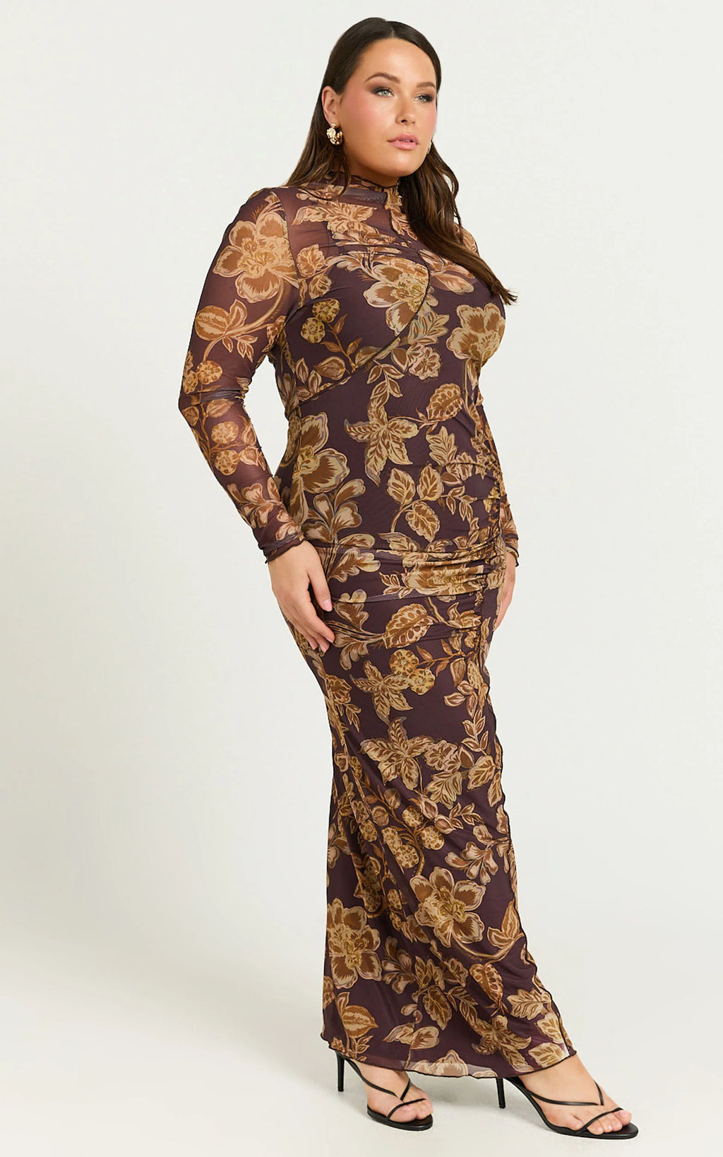 Vivian Midi Dress - High Neck Long Sleeve Mesh Dress in Amber Bloom Print