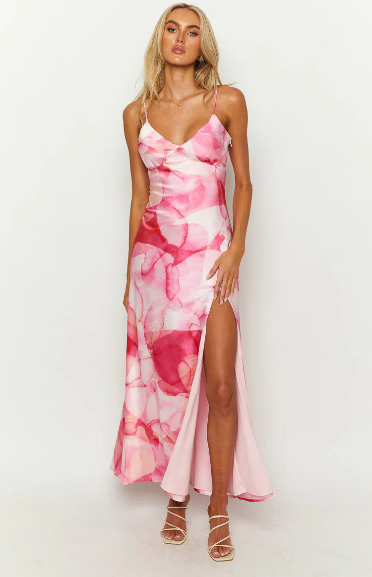 Lilie Pink Satin Print Maxi Dress