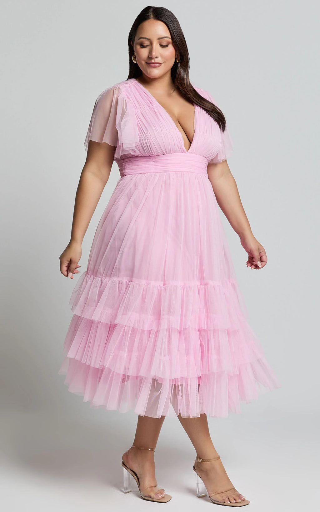 Jiraye Midi Dress - Flutter Sleeve Tuelle Plunge Dress in Ballet Pink
