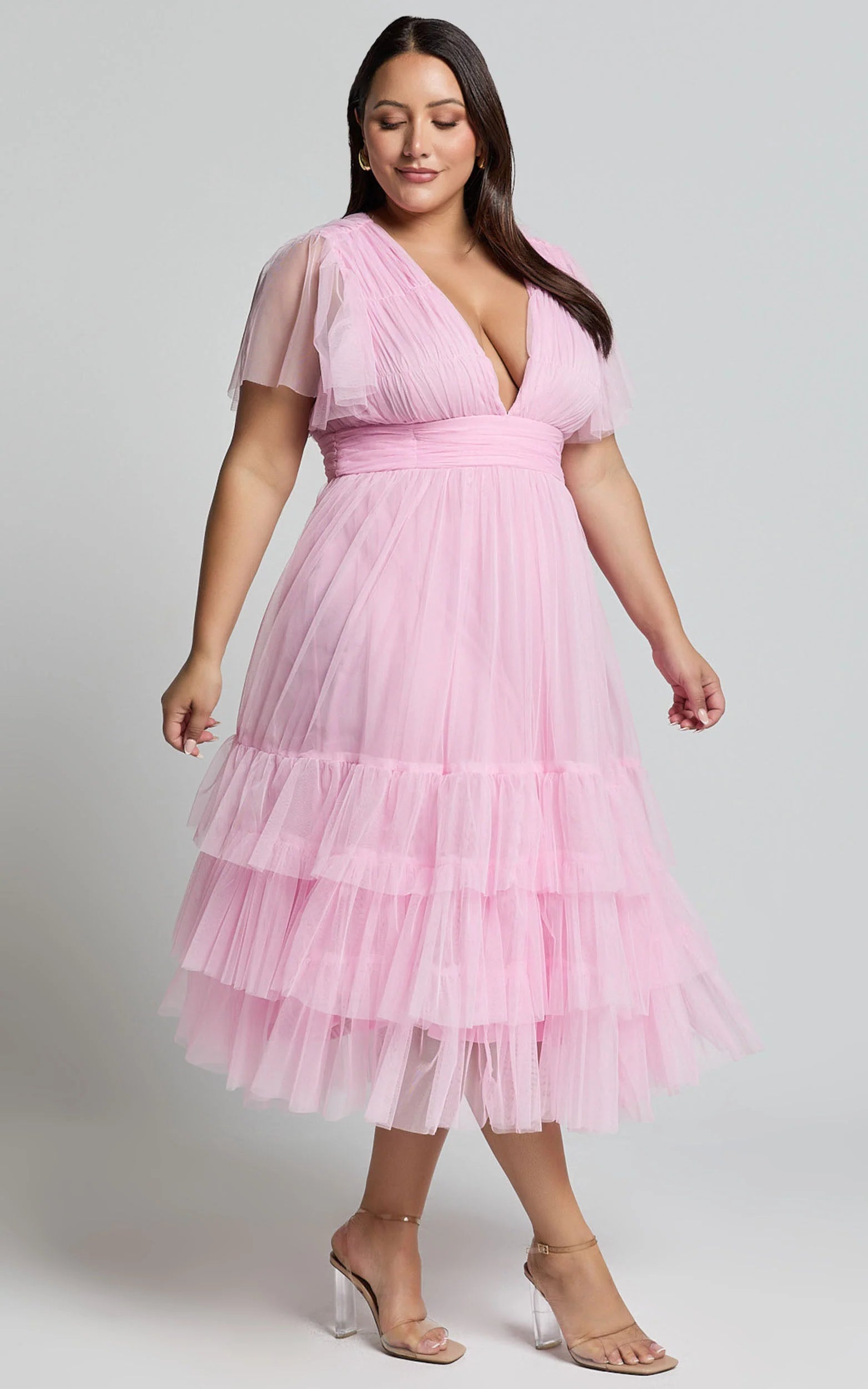 Jiraye Midi Dress - Flutter Sleeve Tuelle Plunge Dress in Ballet Pink