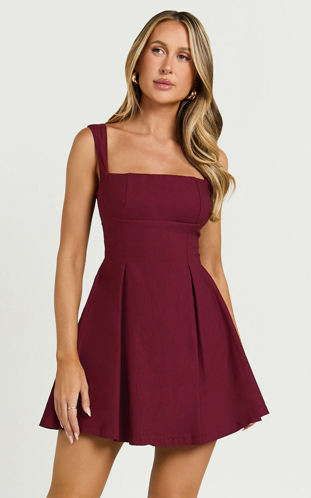Ida Mini Dress - Wide Strap Straight Neck  Bow Back Dress in Berry