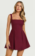 Ida Mini Dress - Wide Strap Straight Neck  Bow Back Dress in Berry
