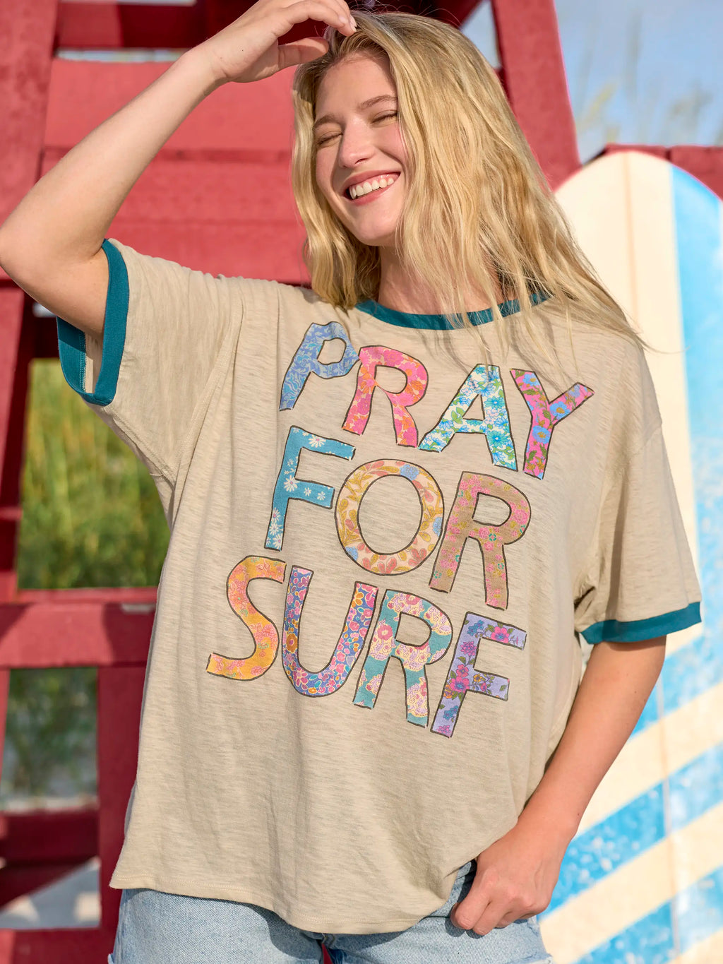 Ringer Oversized Tee Shirt - Pray For Surf