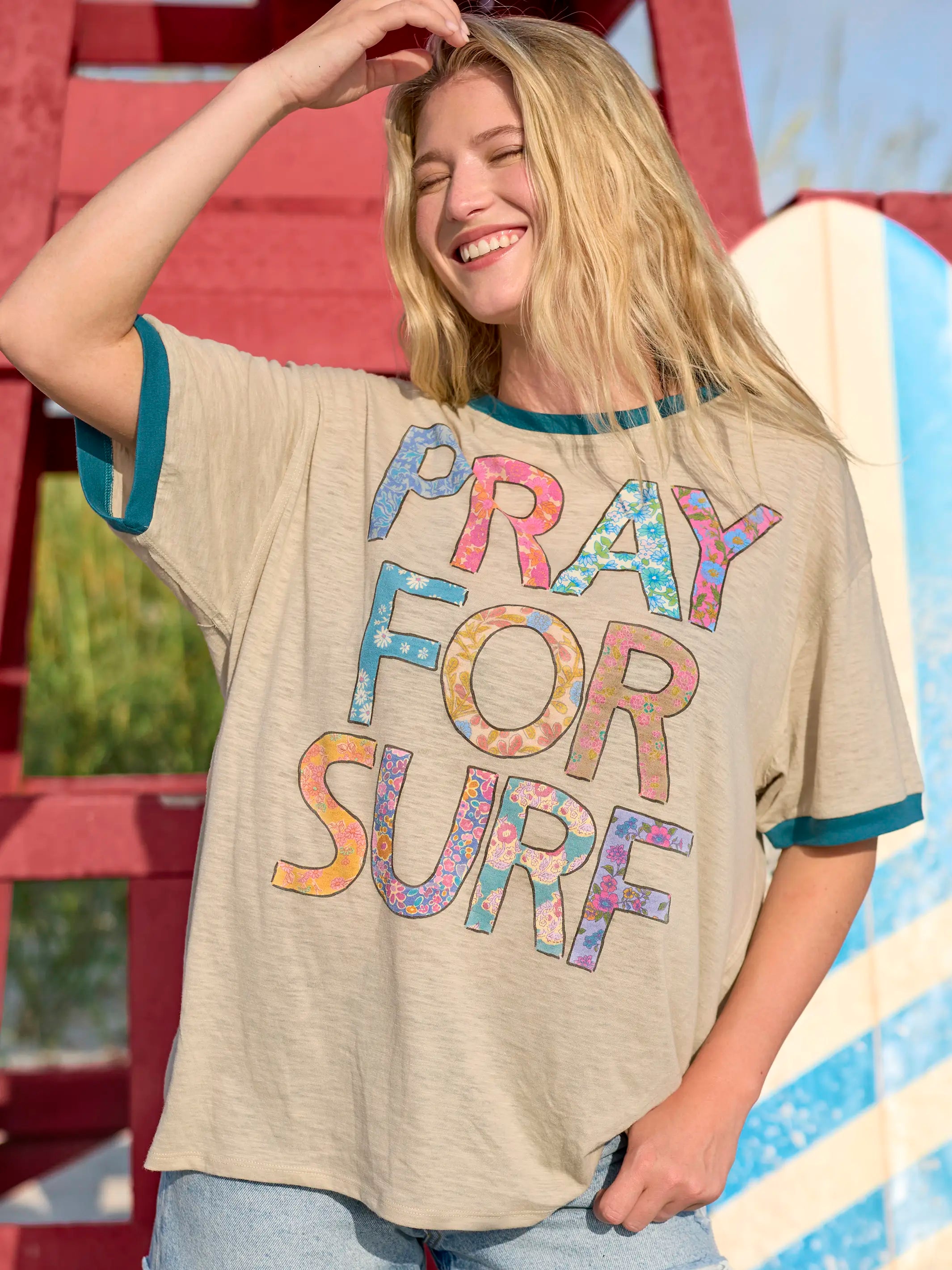 Ringer Oversized Tee Shirt - Pray For Surf