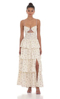 Floral Cutout Ruffle Maxi Dress in Cream