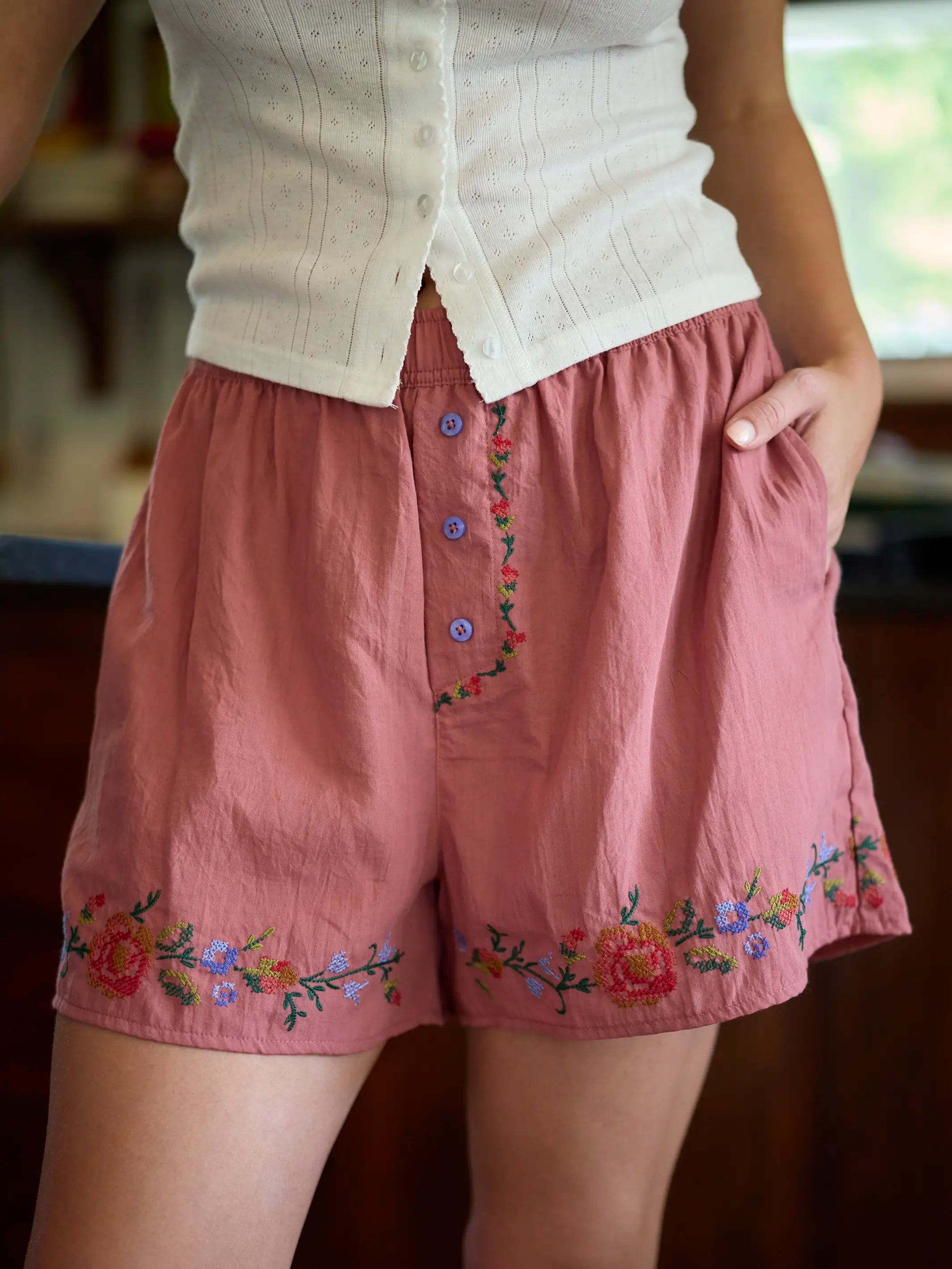 Dream On Embroidered Boxer Shorts - Terracotta