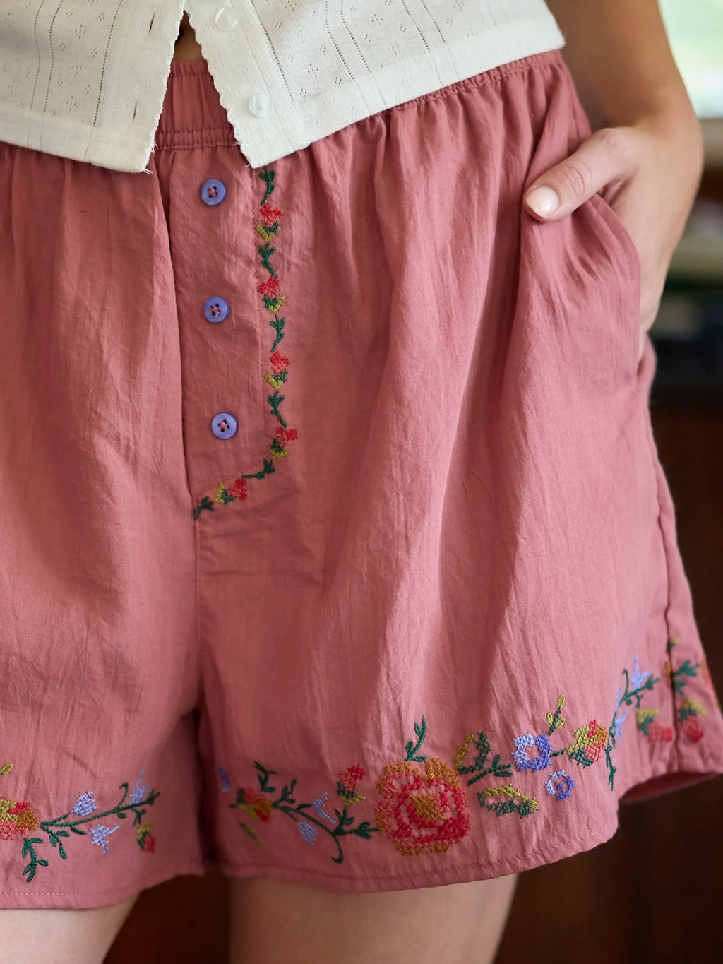 Dream On Embroidered Boxer Shorts - Terracotta