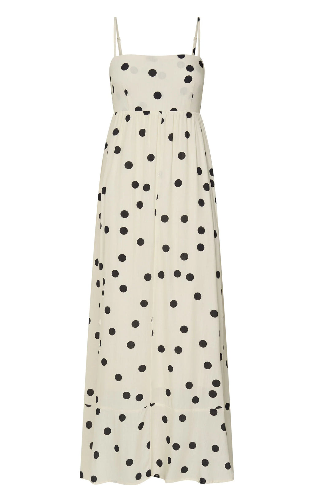 Miriam Midi Linen Dress - Strappy Straight Neck A Line Dress in Beige & Black Spot
