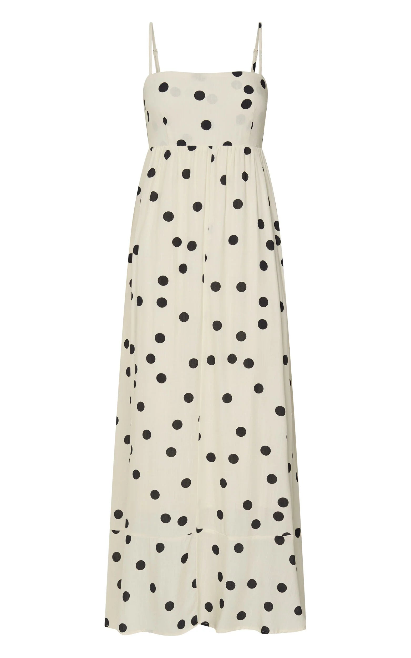 Miriam Midi Linen Dress - Strappy Straight Neck A Line Dress in Beige & Black Spot