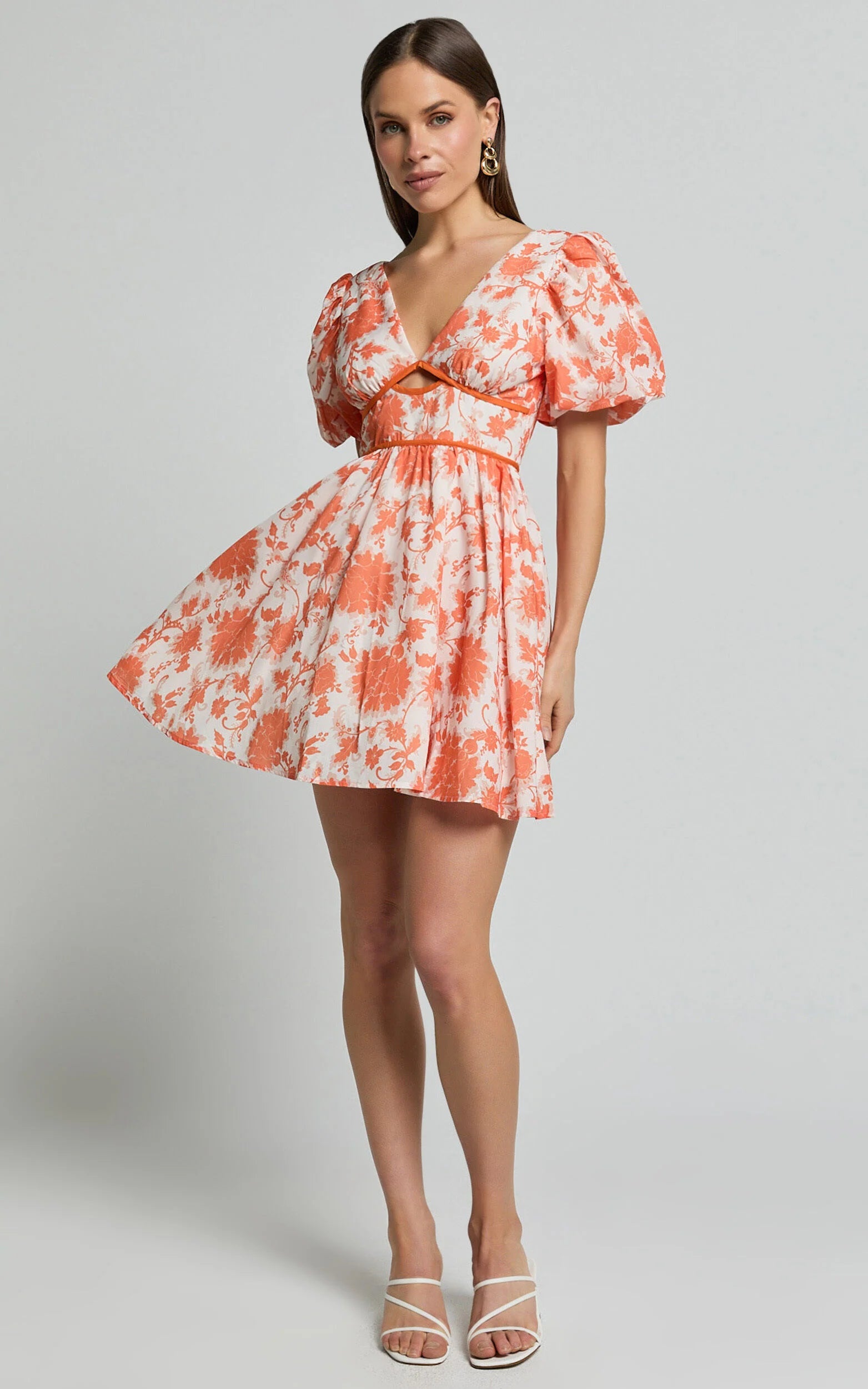 Natalia Mini Dress - Puff Sleeve Cut Out Dress in Orange Floral