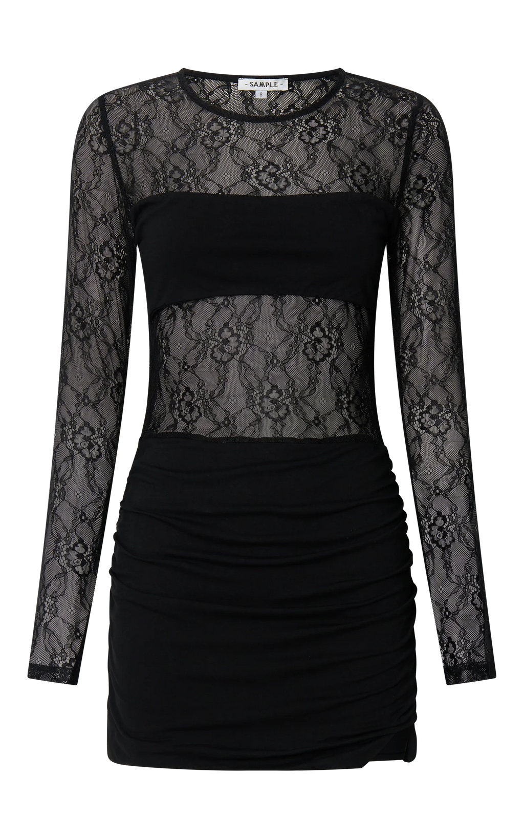 Imelda Mini Dress - Contrast Lace Long Sleeve Ruched Bodycon Dress in Black
