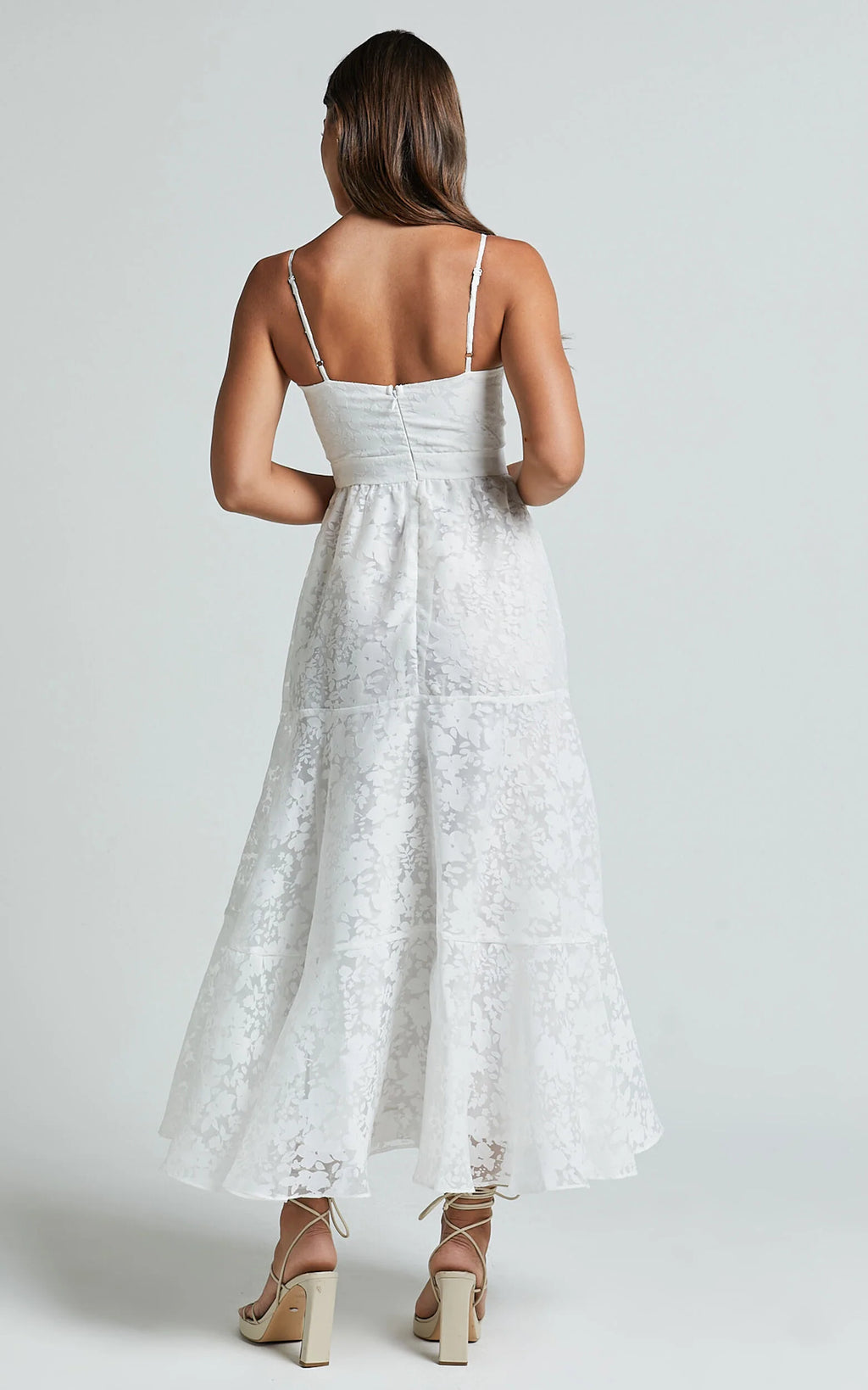 Jorie Midi Dress - Strappy Front Cut Out Tiered Skirt in White