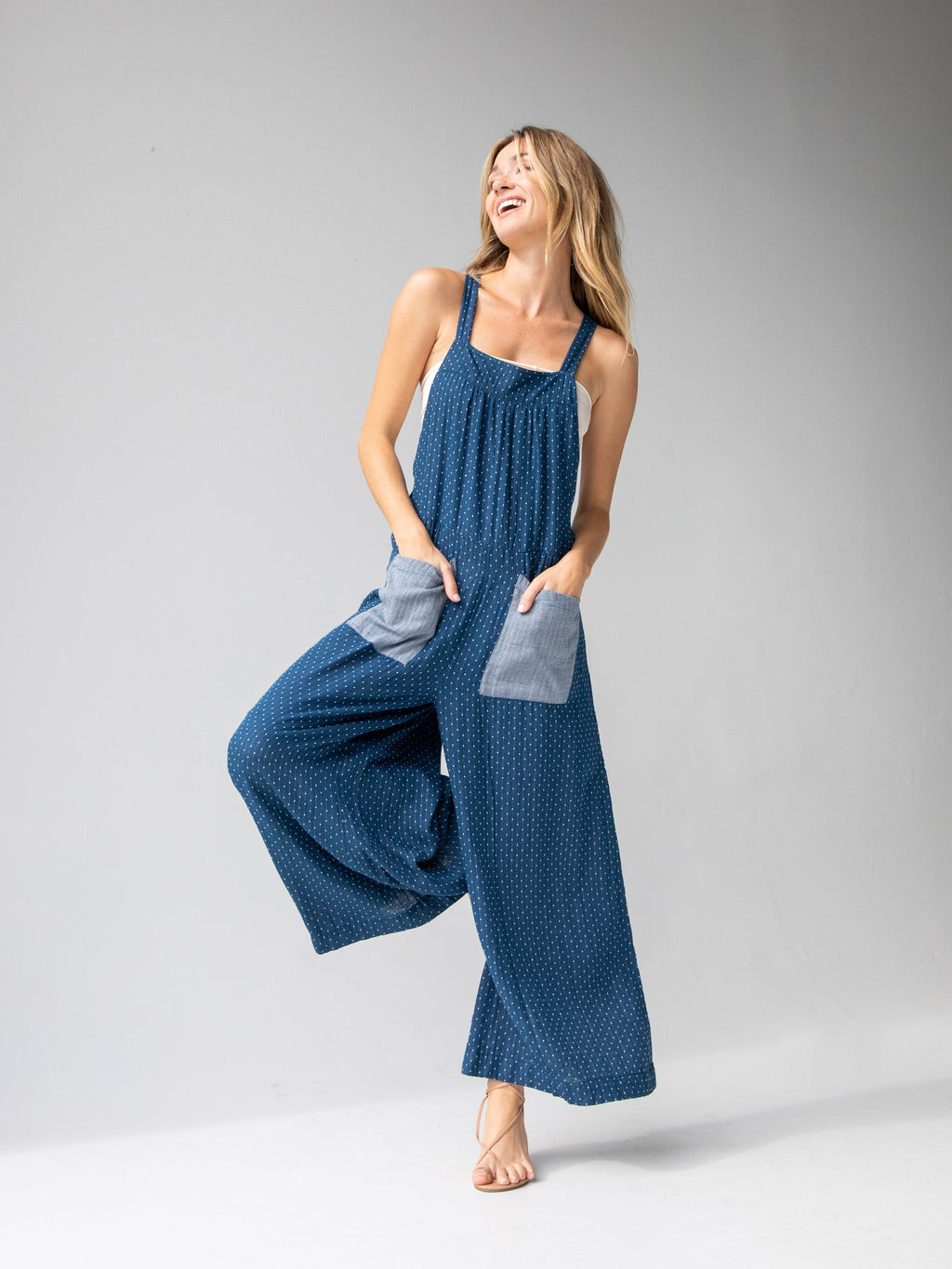 Dakota Cotton Tie Overall - Navy Polka Dots