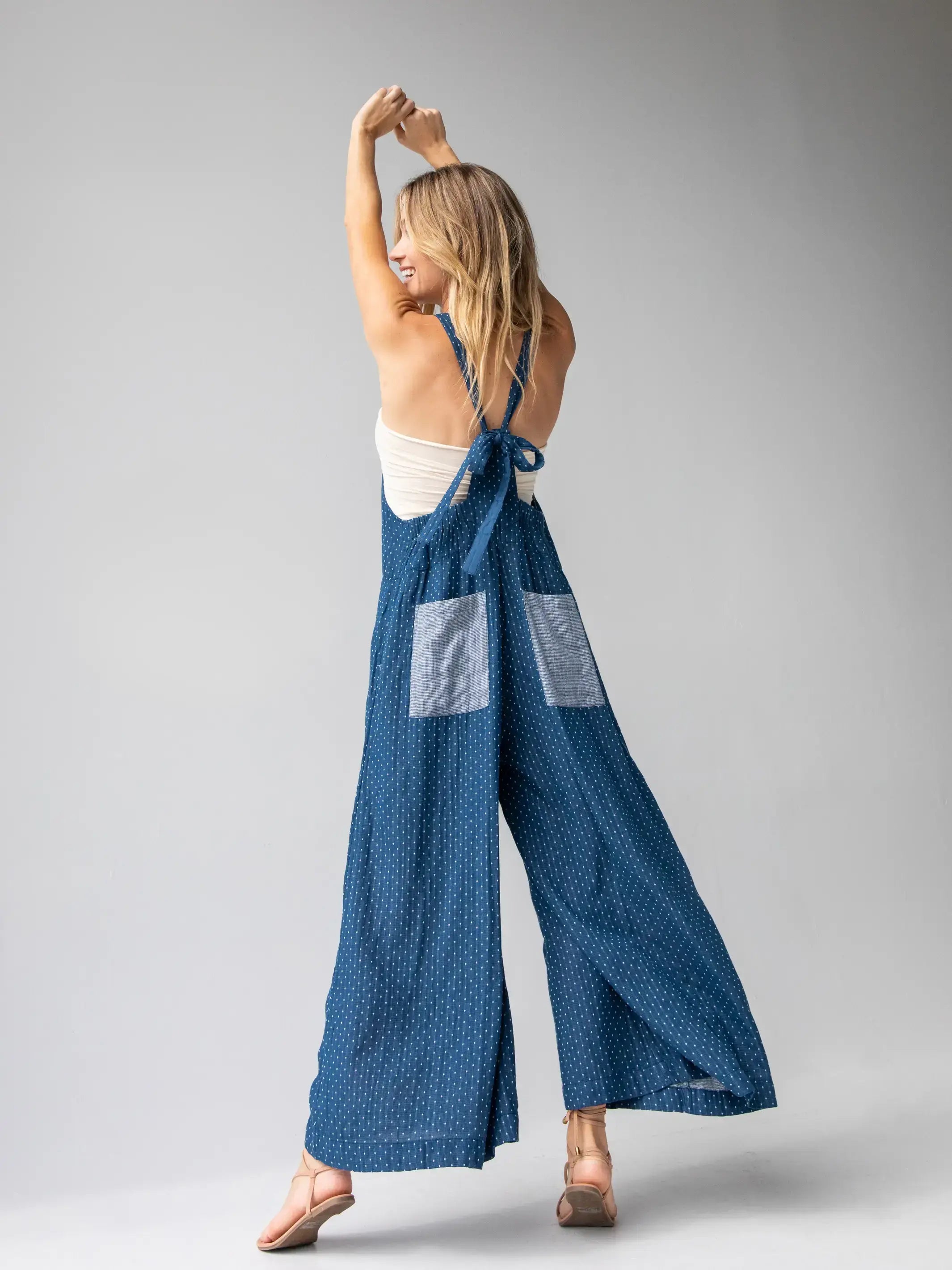 Dakota Cotton Tie Overall - Navy Polka Dots
