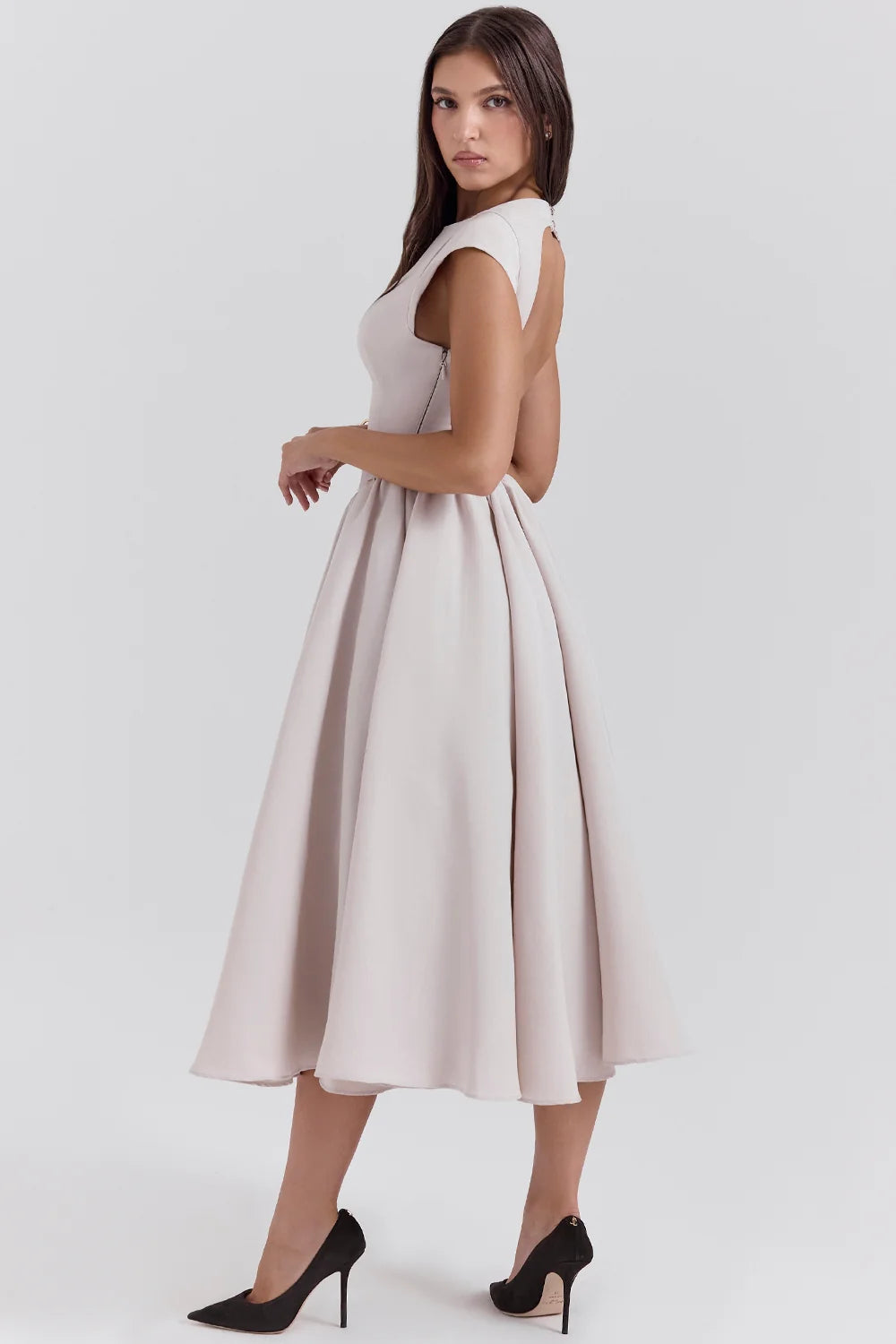 French Dove Moire Satin Backless Midi Dress