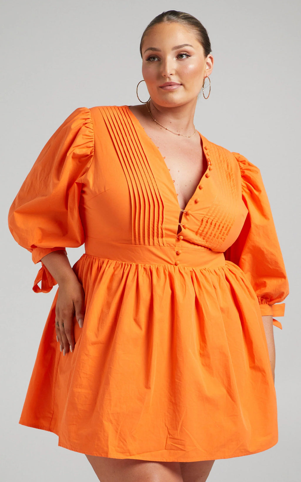 Zandra Mini Dress - Puff Sleeve Poplin Dress in Orange
