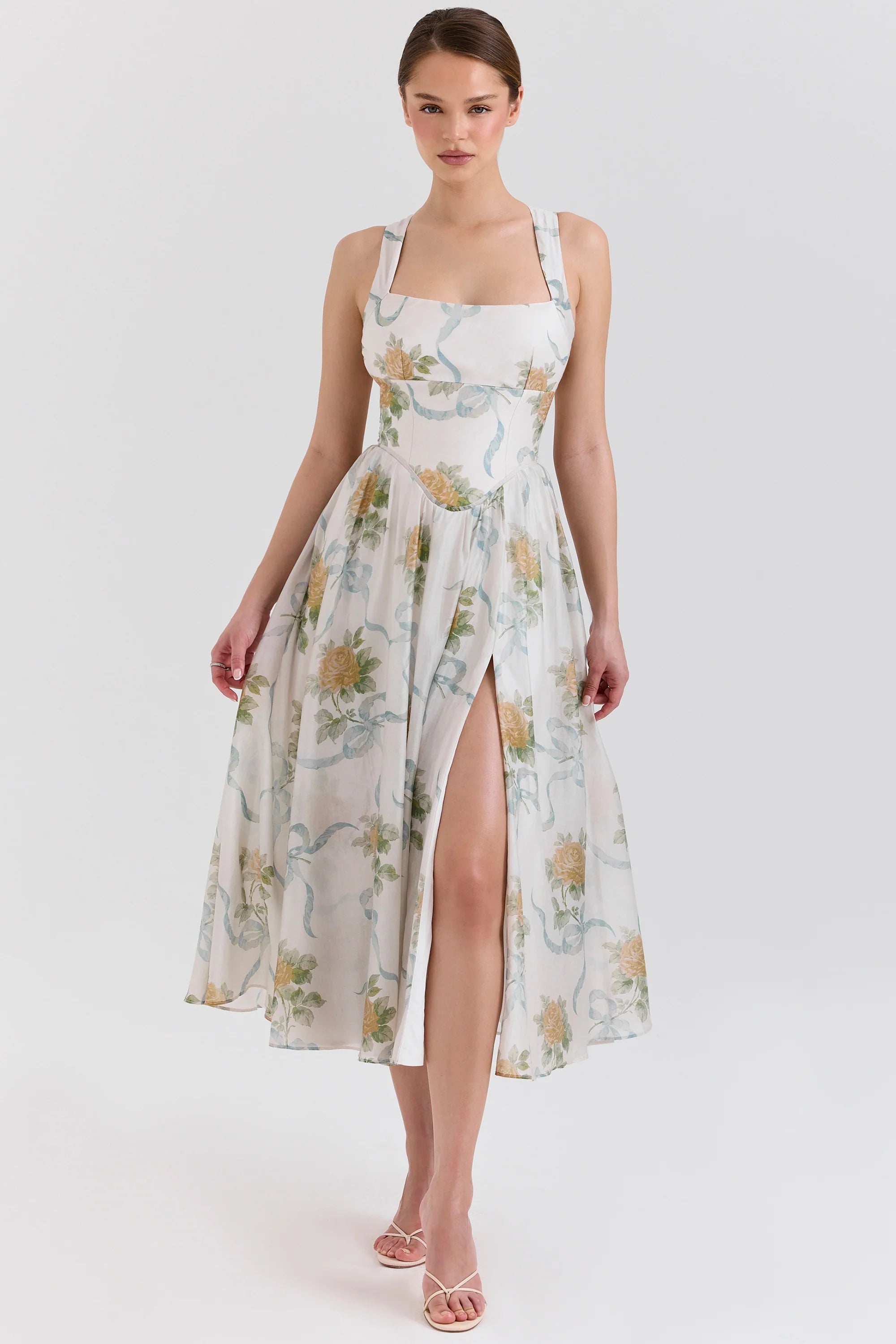 Soft Blue Vintage Ribbon Print Chiffon Midi Dress
