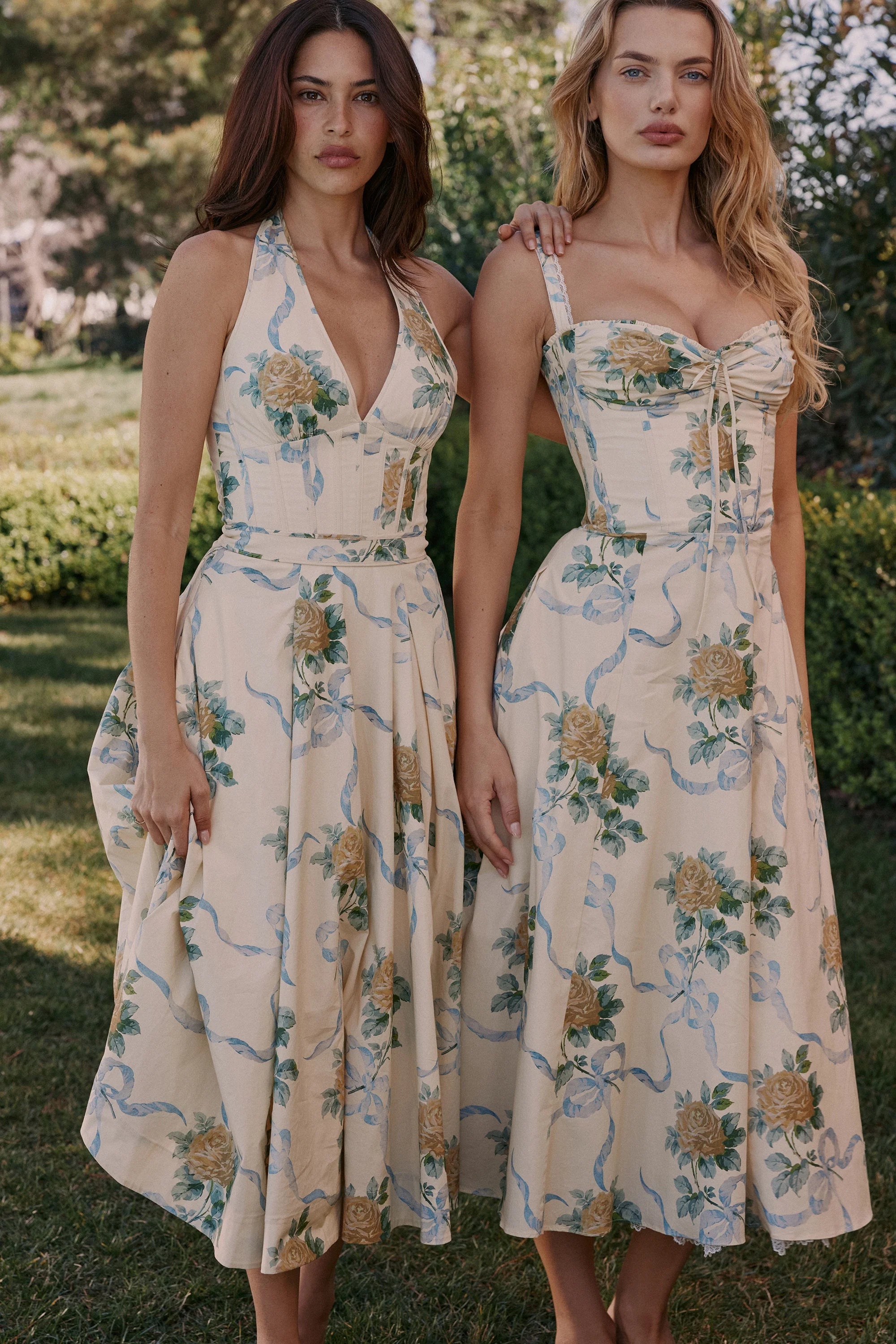 Lemon Vintage Ribbon Print Cotton Midi Dress
