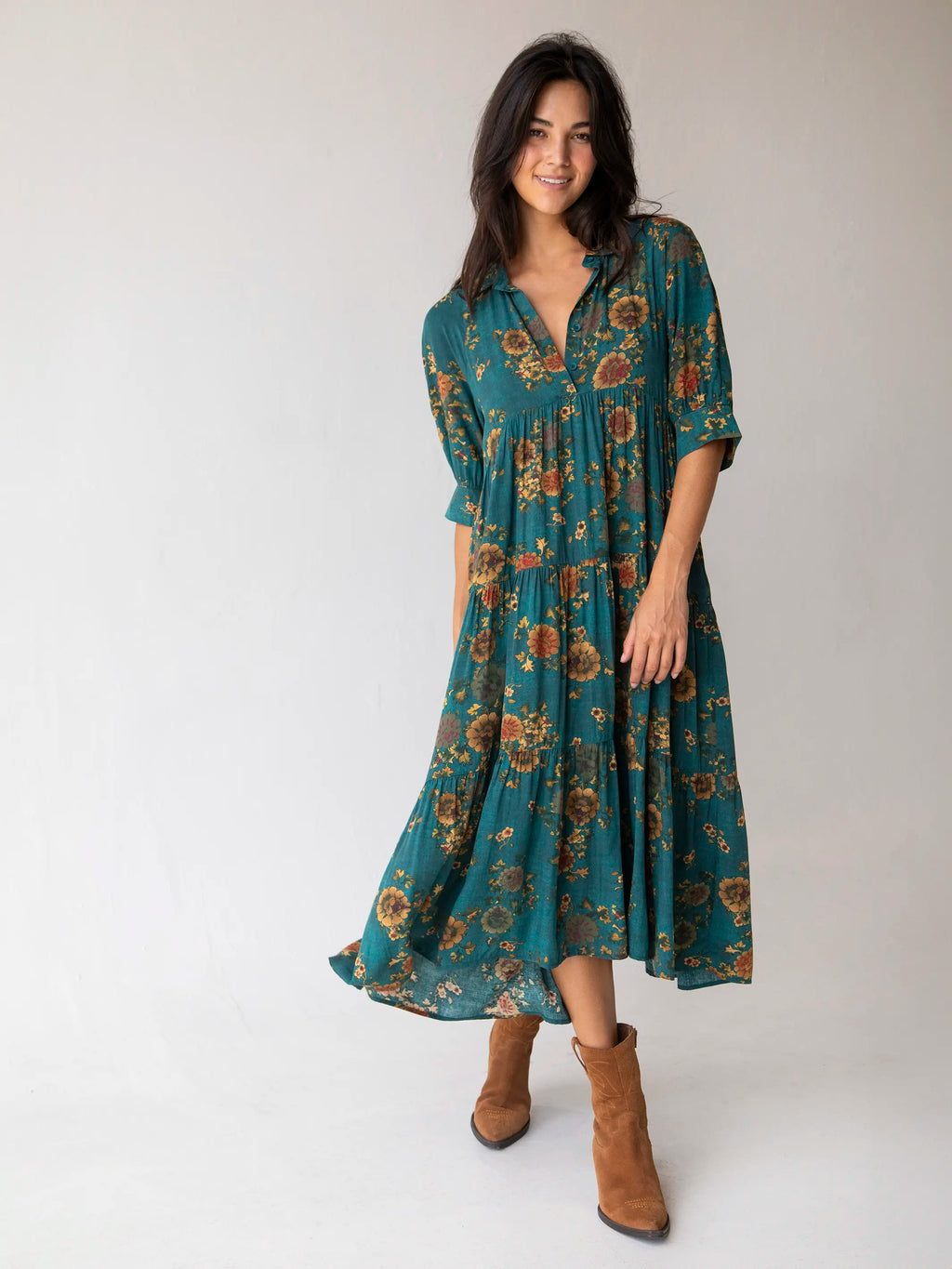 Rebecca Midi Dress - Teal Orange Clusters