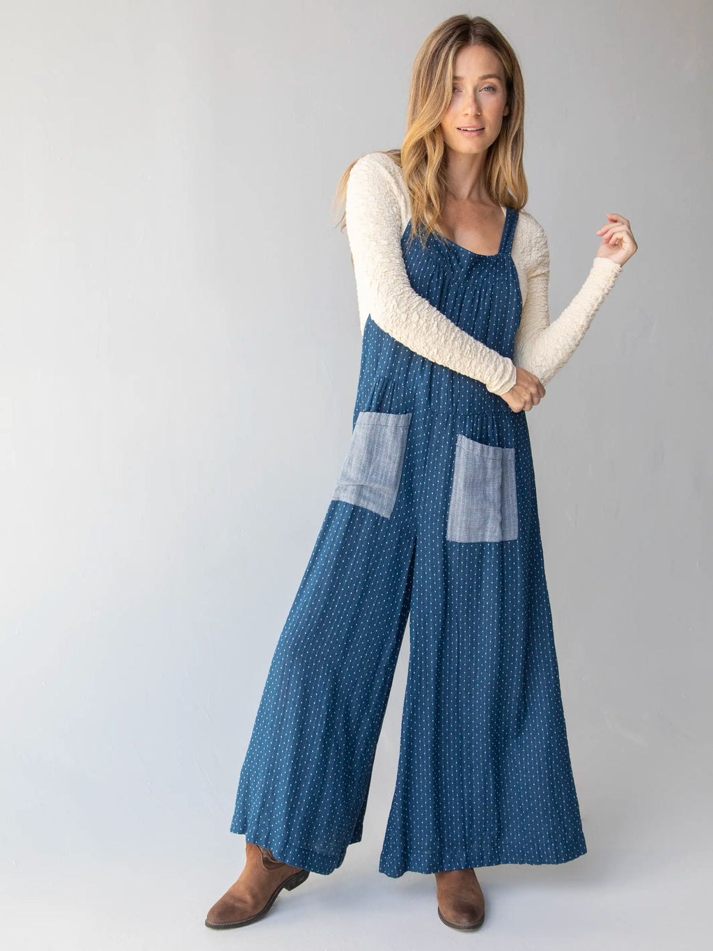 Dakota Cotton Tie Overall - Navy Polka Dots