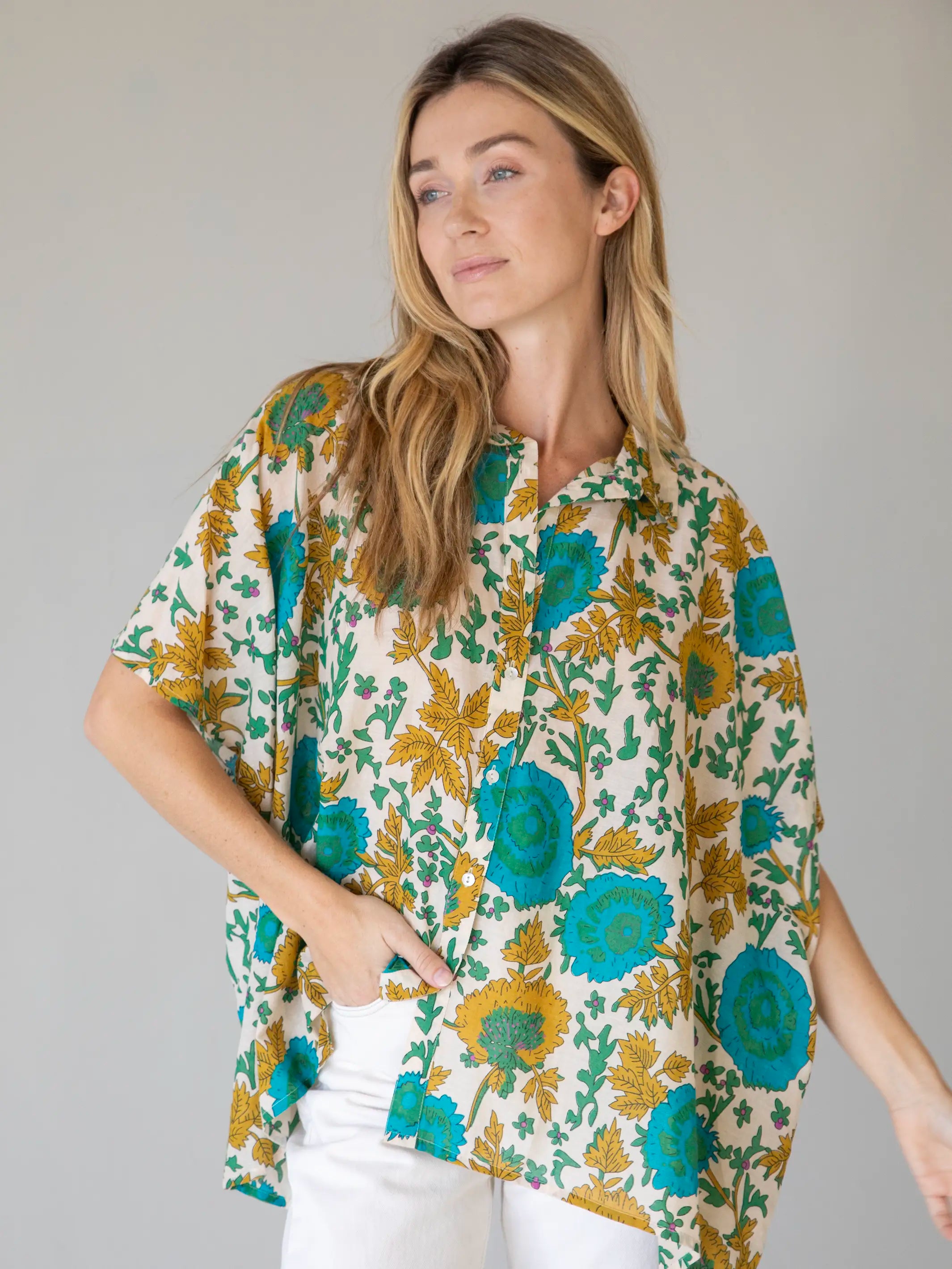 Kelly Oversized Cotton Button Down - Ochre Leafy Floral