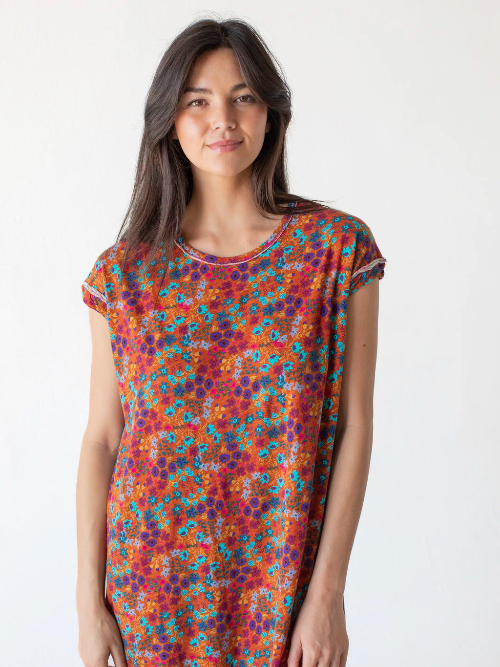 Frankie Knit Cotton Tee Midi Dress - Rust Turquoise Floral