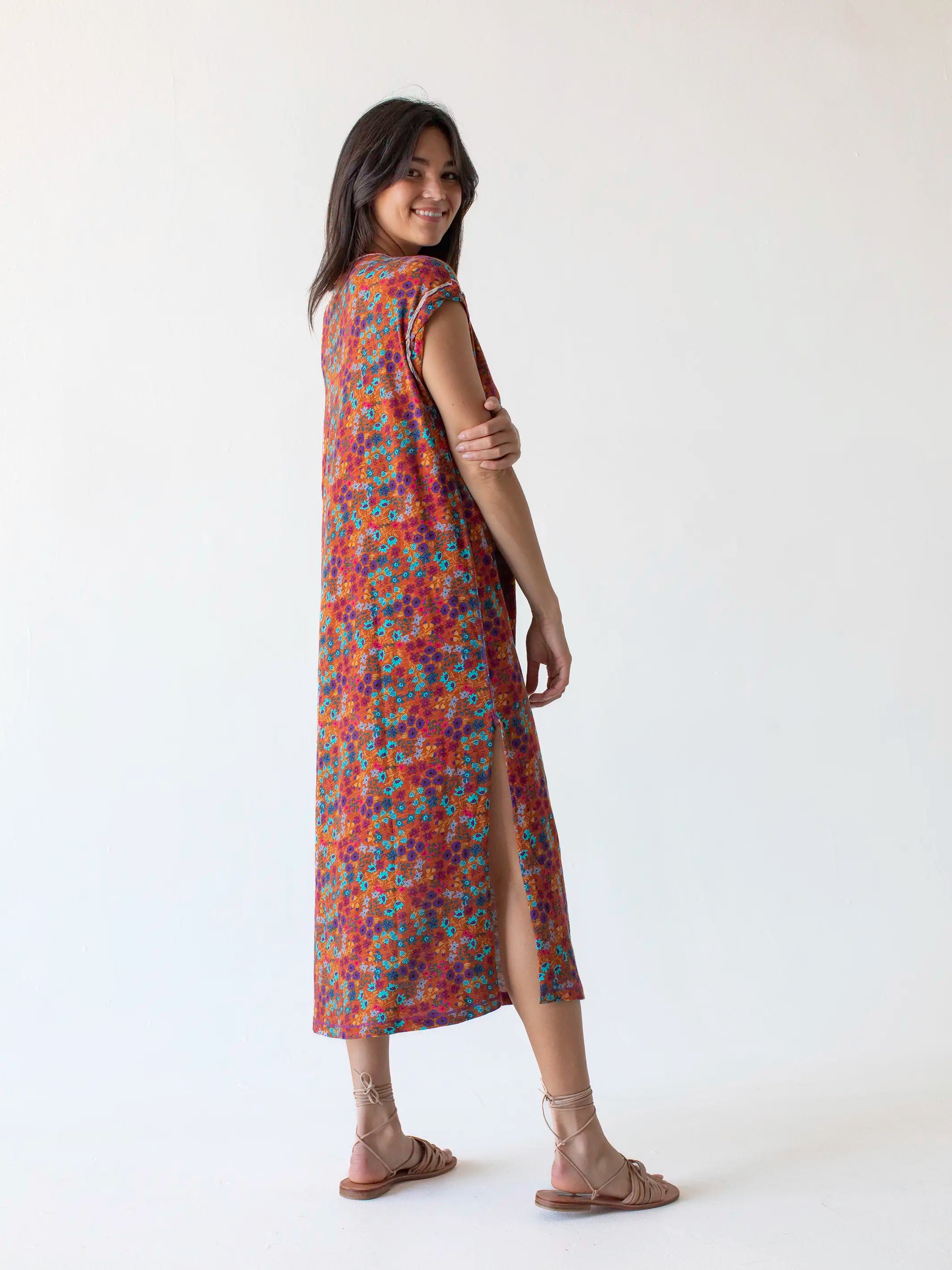 Frankie Knit Cotton Tee Midi Dress - Rust Turquoise Floral