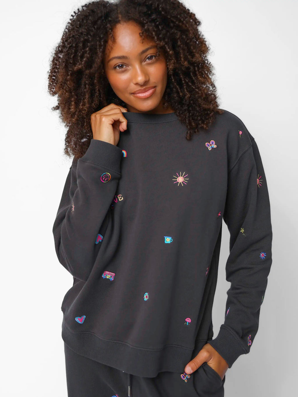 Fave Little Things Embroidered Sweatshirt - Charcoal Doodle