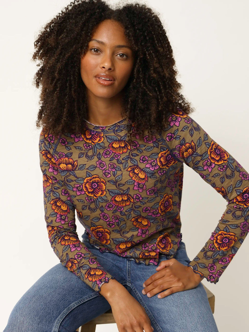Lily Cotton Long Sleeve Tee Shirt - Woodcut Floral Bronze