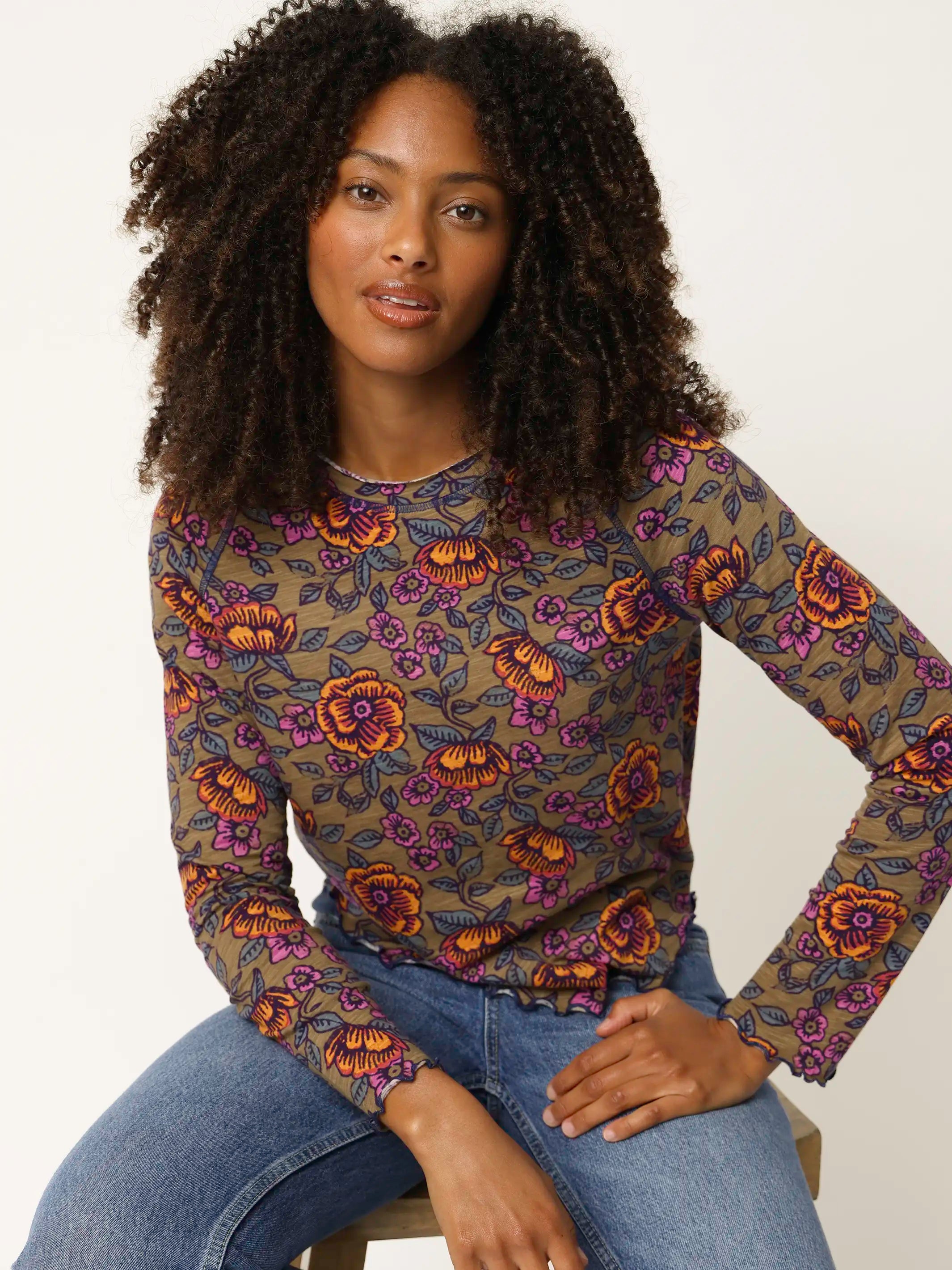 Lily Cotton Long Sleeve Tee Shirt - Woodcut Floral Bronze