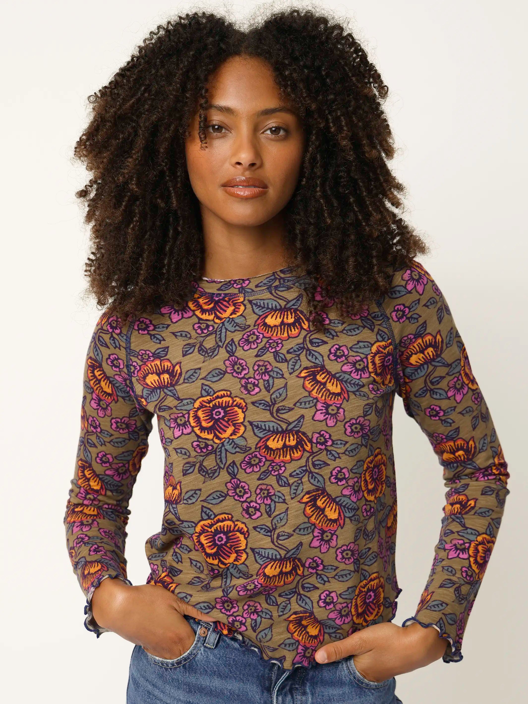 Lily Cotton Long Sleeve Tee Shirt - Woodcut Floral Bronze