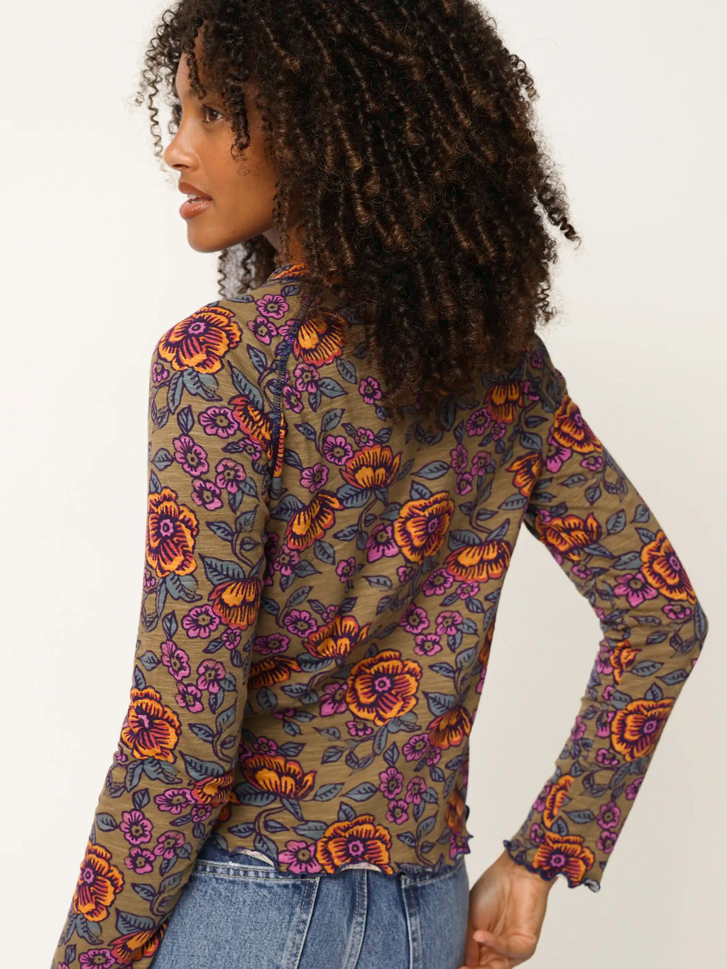 Lily Cotton Long Sleeve Tee Shirt - Woodcut Floral Bronze