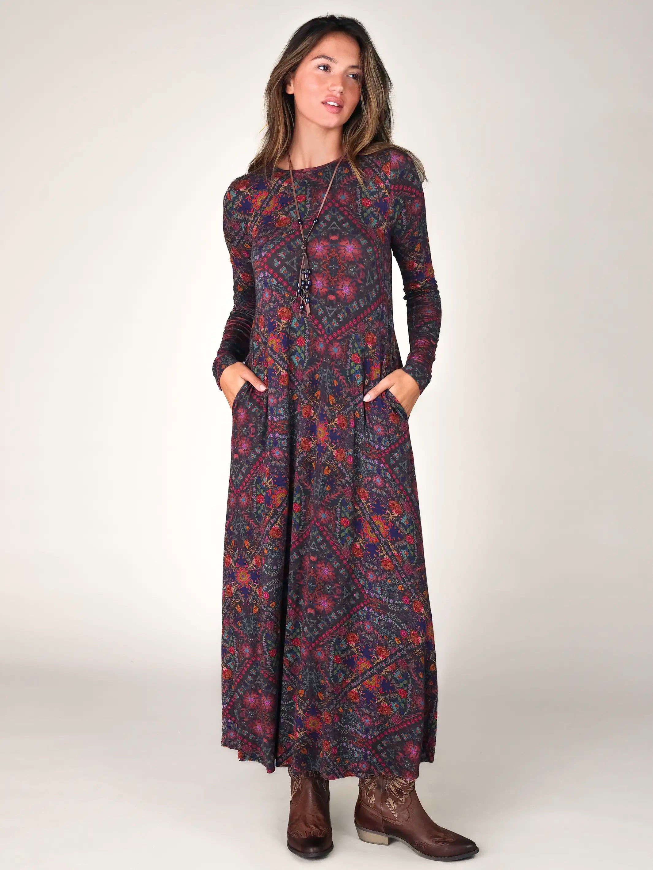 Stevie ButterSoft Knit Maxi Dress - Mandala Charcoal Folk Floral