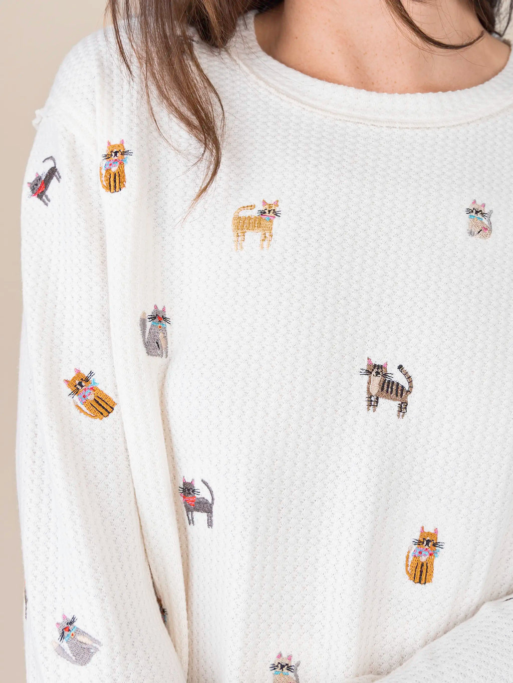 Parker Embroidered Thermal Tee - Cream Cats