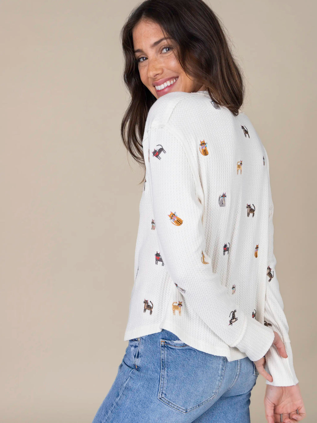 Parker Embroidered Thermal Tee - Cream Cats