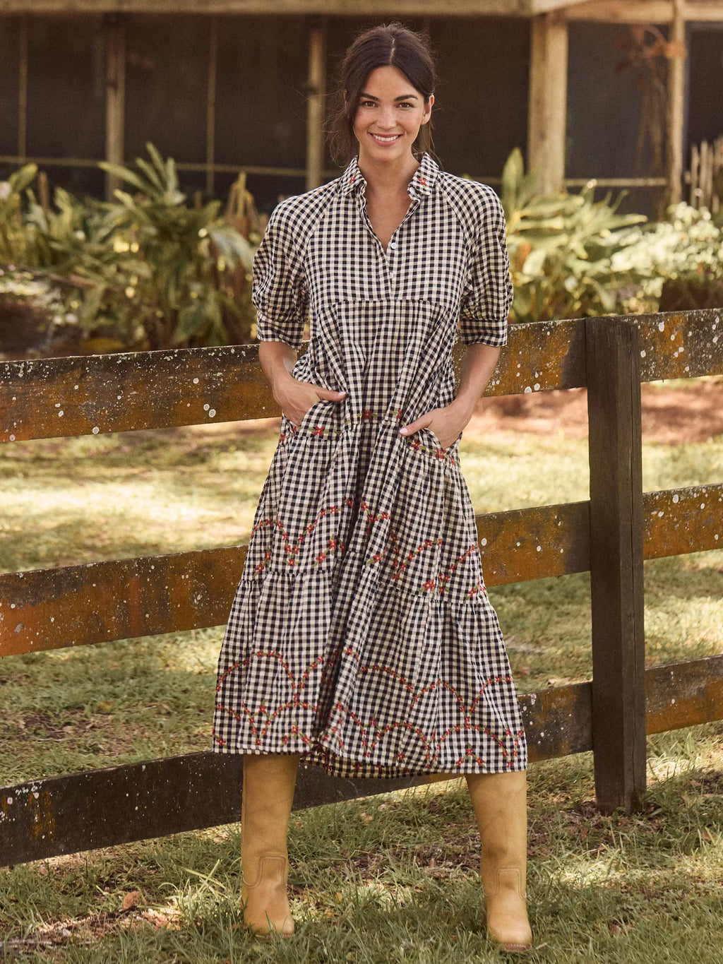 Rebecca Embroidered Cotton Midi Dress - Black Gingham