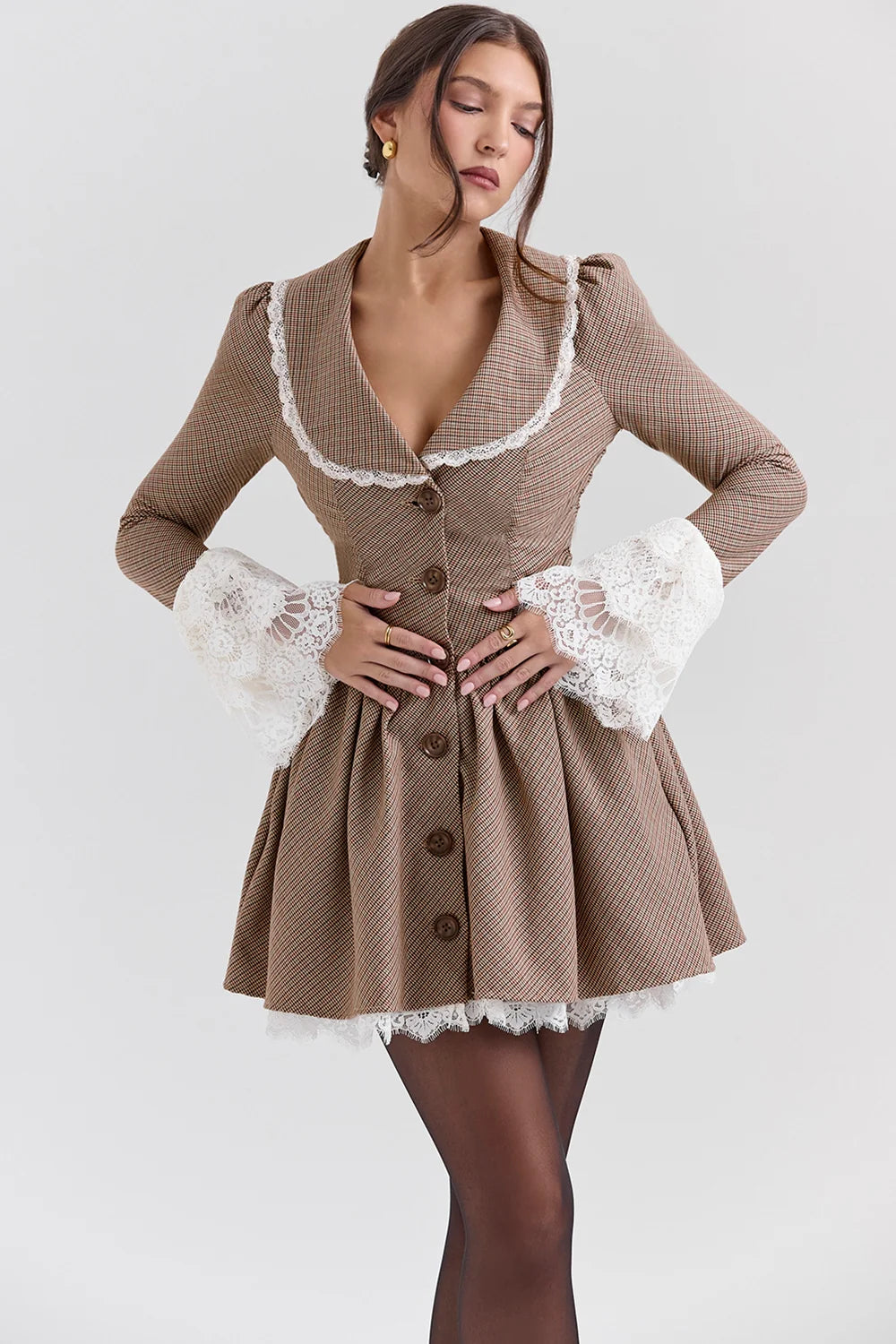 Brown Puppytooth Check Mini Dress